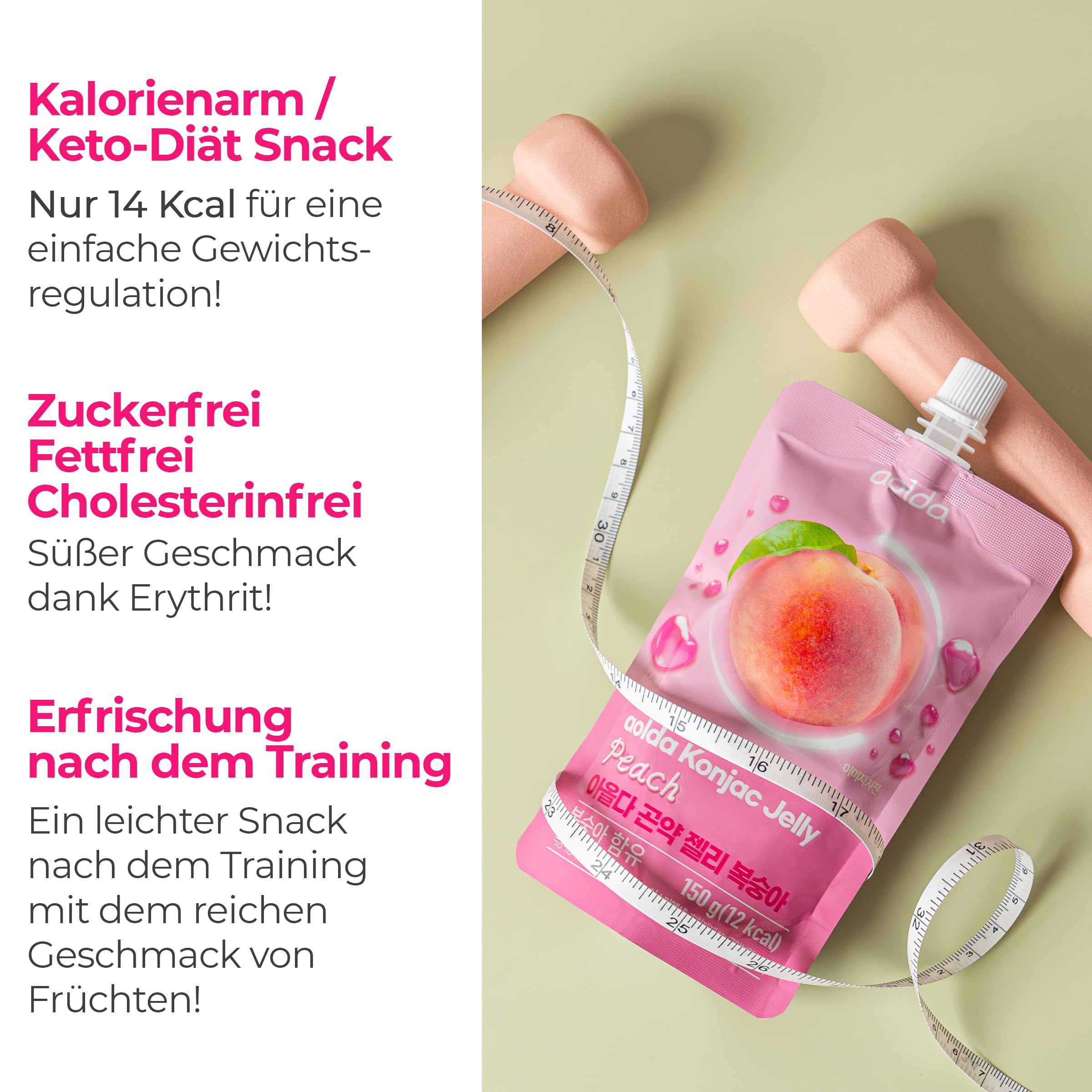 AOLDA Trinkbares Konjac | 150g x 10er | Kalorienarm, Zuckerfrei, vegan & ballaststoffreich | Gesunder Snack für Diät, Sport & Alltag | Sättigend & Lecker (Pfirsich)