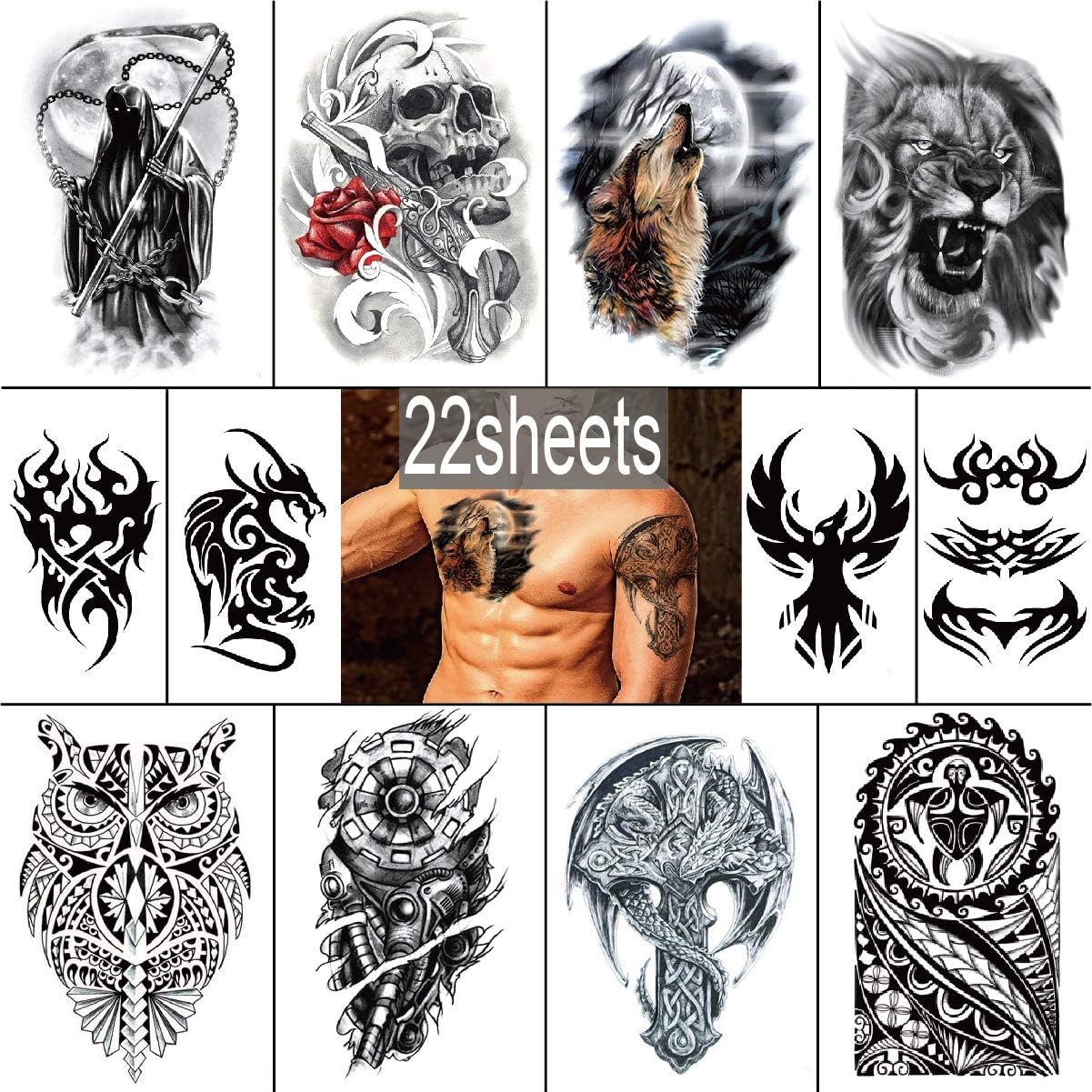YAKAGO 22 Pieces Large Temporary Tattoos For Men Adults Guys Body|Arm|Shoulder|Chest Fake Tattoo Sticker Lion|Wolf|Owl|Death|Skull