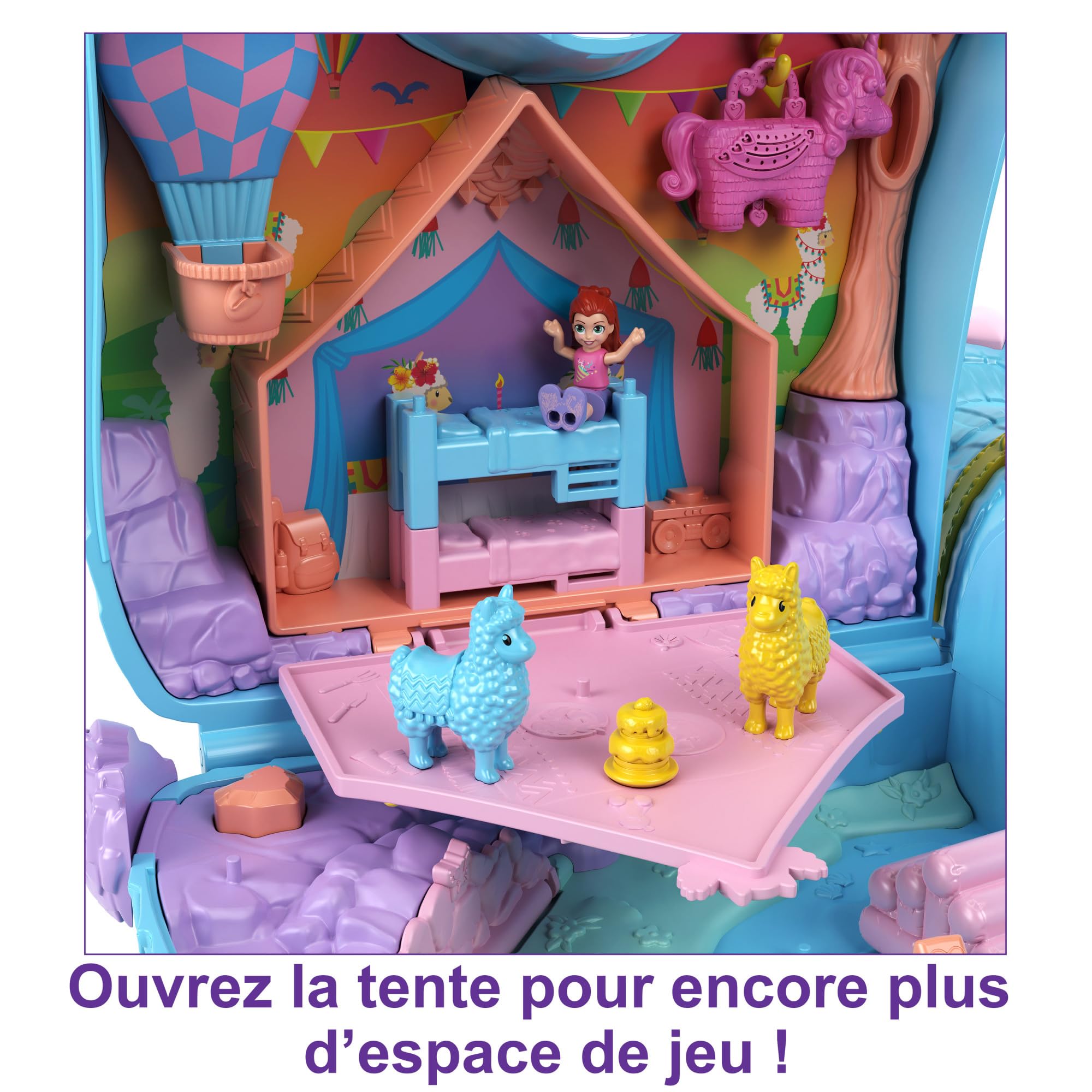 Polly Pocket Grand Coffret Lama Surprises Soirée Pyjama, 25 Surprises (Dont 2 Mini-Figurines), thème Camping de Luxe/soirée Pyjama, Jouet Enfant, Dès 4 Ans, HHX74