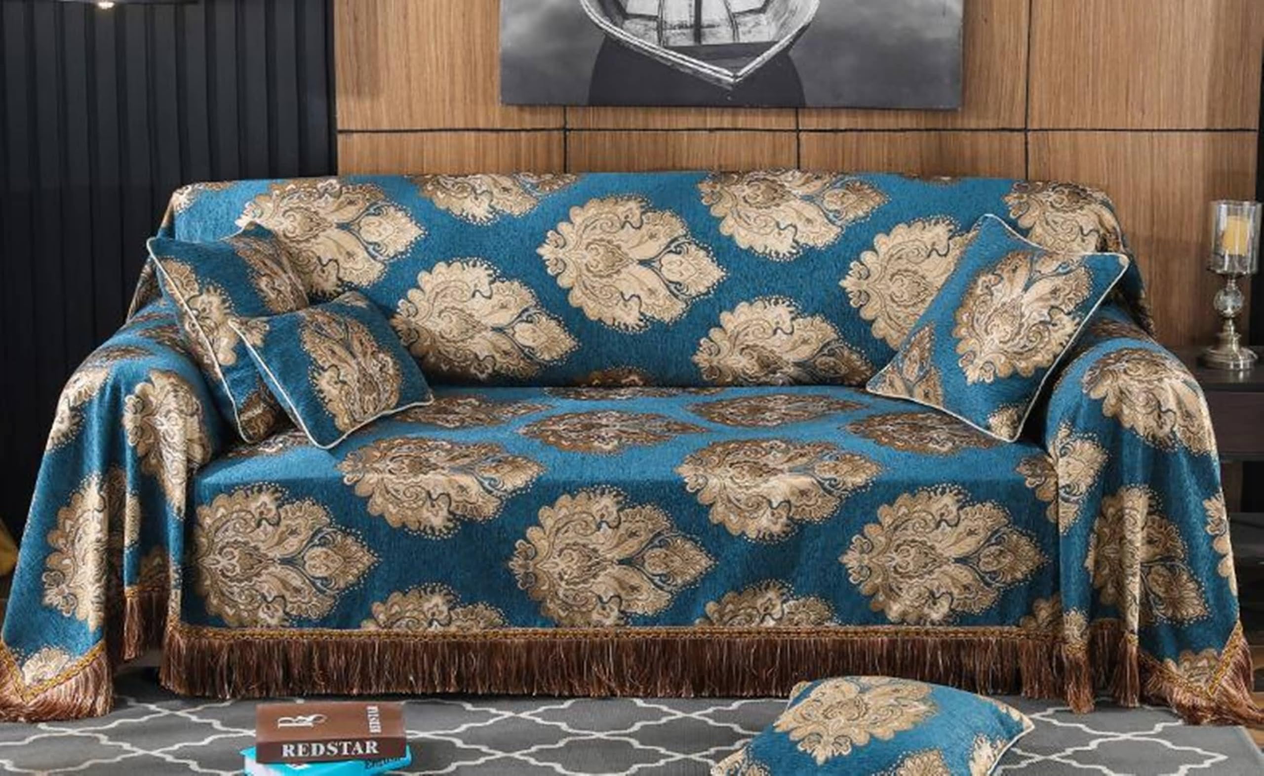 Couverture Canapé, 190x200CM, Convient à 1 Place, Jacquard Floral Brodé à Franges, Bleu Foncé, Housse de Canapé Plaid Chenille Protection, Anti Griffe de Chat