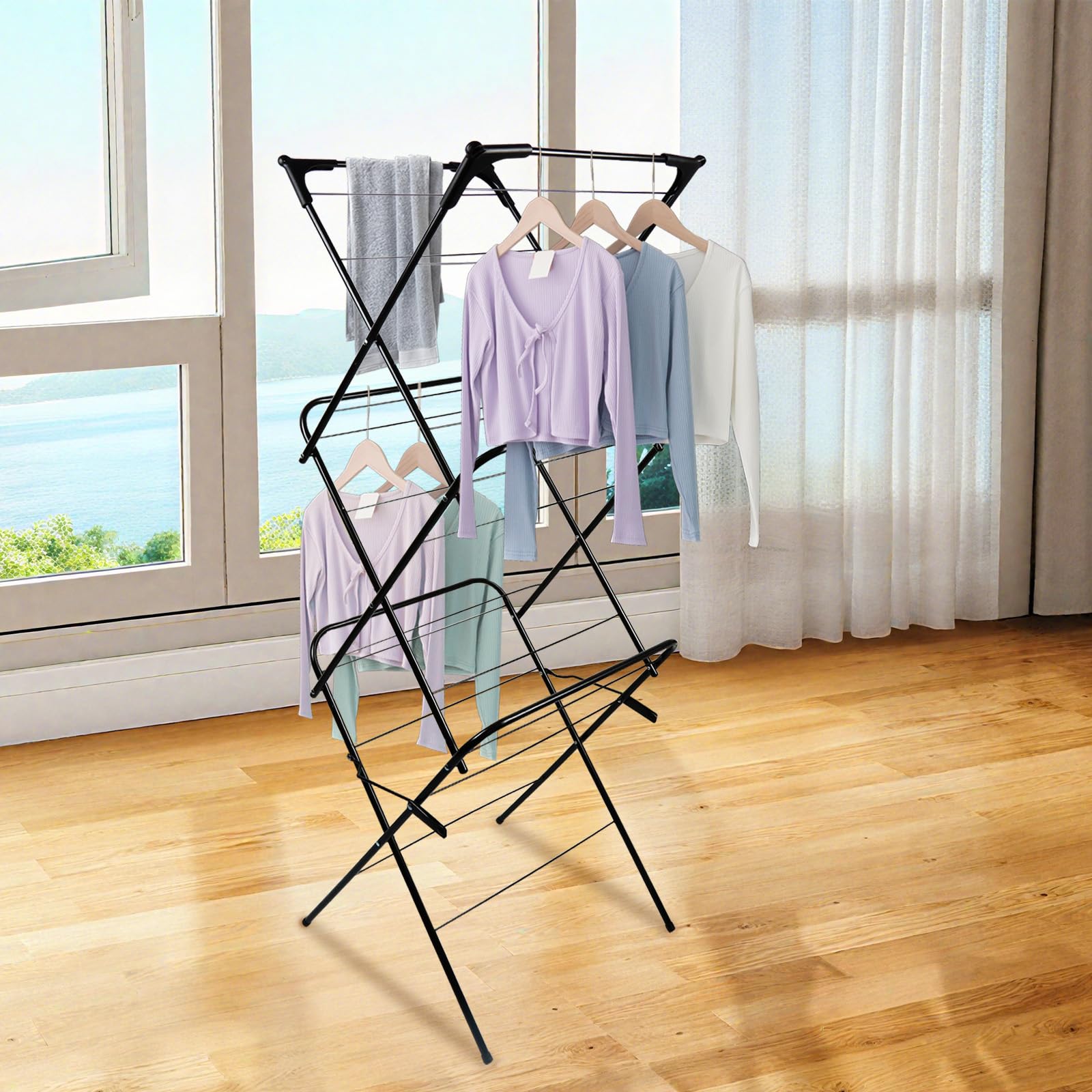 LANTUS Etendoir Interieur Pliable - Sechoir a Linge Extensible, Robuste & Peu encombrant, Tour à Linge Pliable et Extensible, seche Linge Durable,48 * 43 * 137cm (Noir)