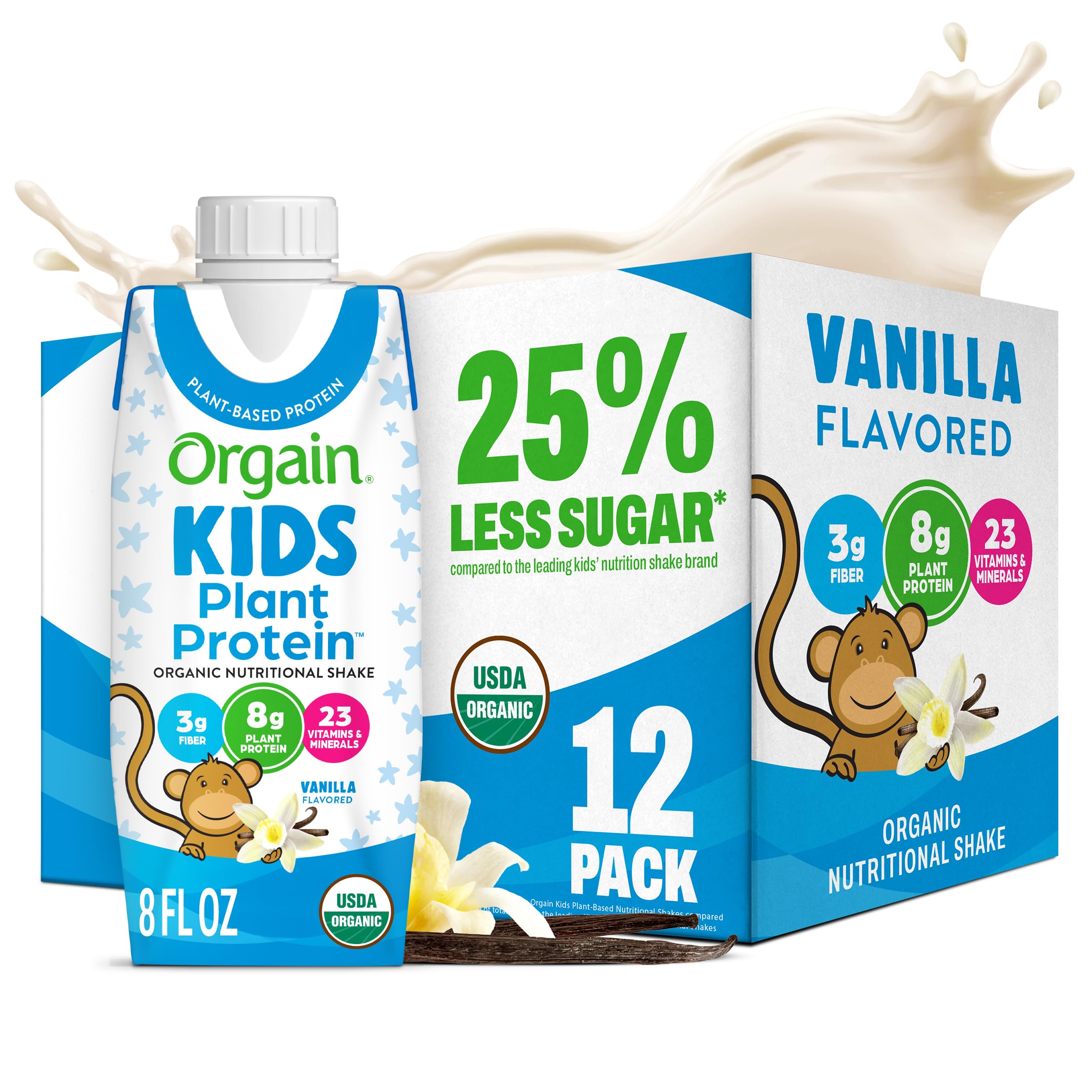 Orgain Organic Kids Nutritional Vegan Protein Shakes, Vanilla, 8 Fl Oz, 12 Pack