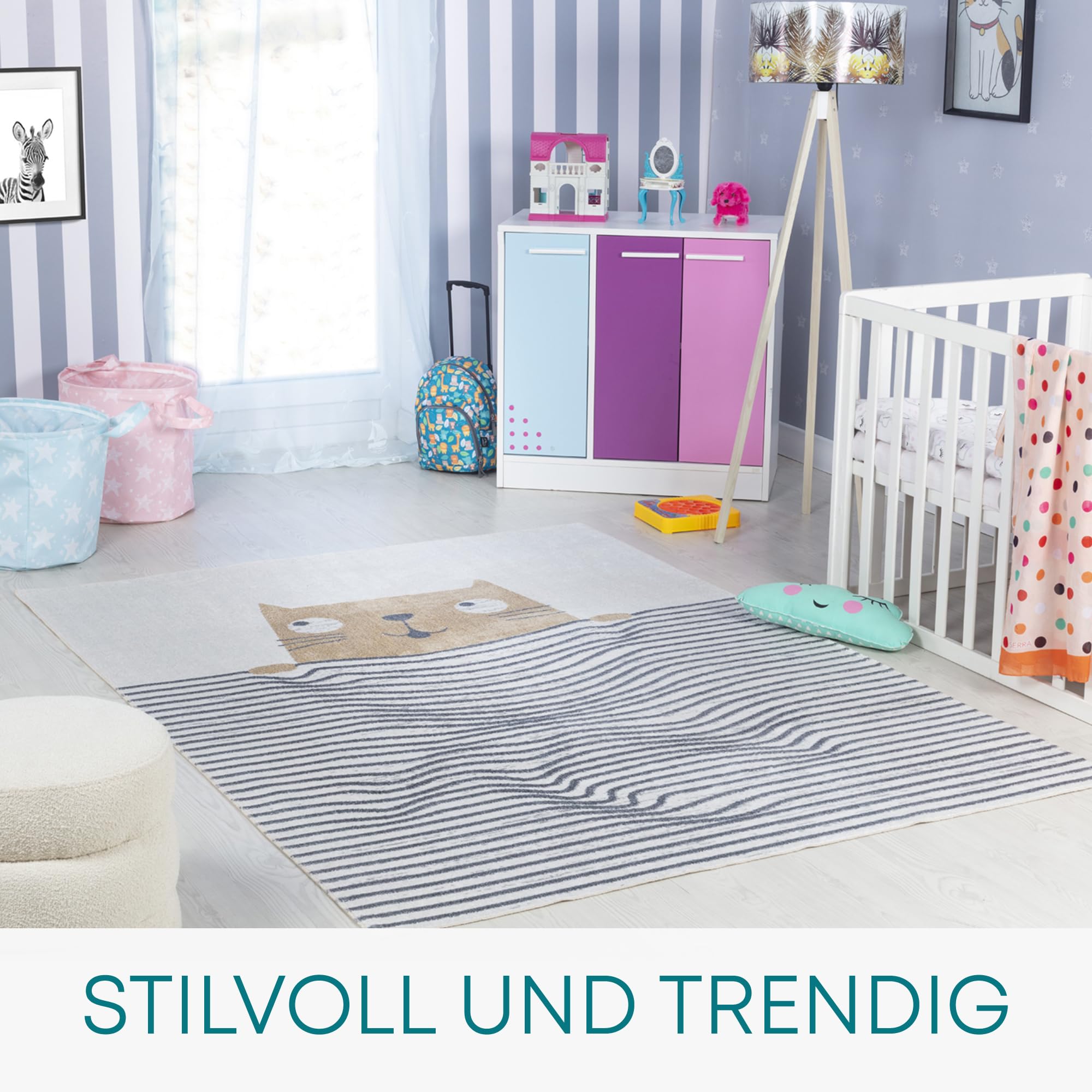 Livabliss Gatto Tappeto Bambini Tappeto Bambino Cameretta, Asilo o Sala Giochi, Tappeti per l'area della stanza dei Bambini, Accessori per Camera da Letto dei Bebè, Crema 120x170 cm