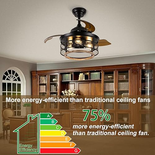 Miniatura 4 de Farmhouse Rustic Ceiling Fan with Light, 36Inch Industrial Caged Ceiling Fan with Lights Remote Control, Reversible Low Profile Indoor Outdoor