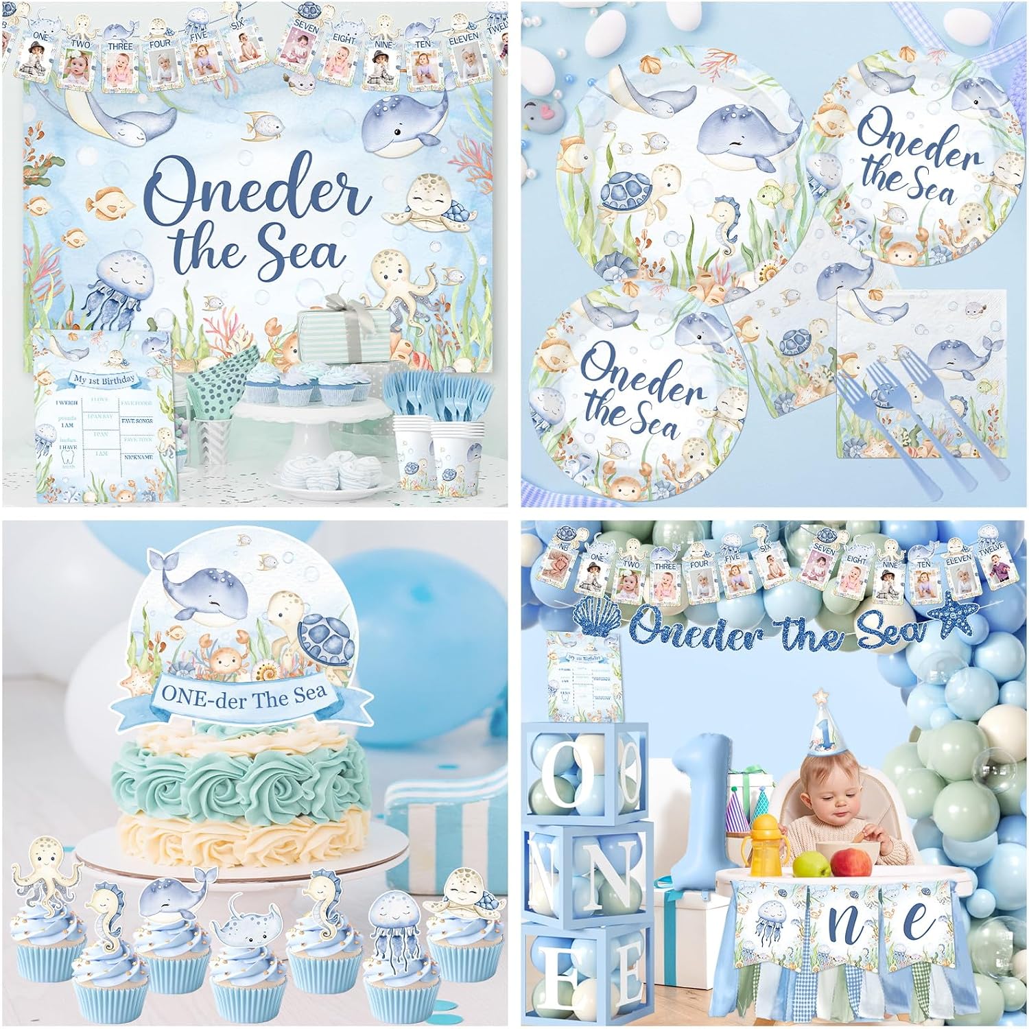 272Pcs Oneder the Sea Party Decorations, Ocean Themed Party Decorations with Monthly Photo Banner Backdrop Plates Napkins Tablecloth Balloon Box Cake Topper for Boys Girls 1st Birthday Party