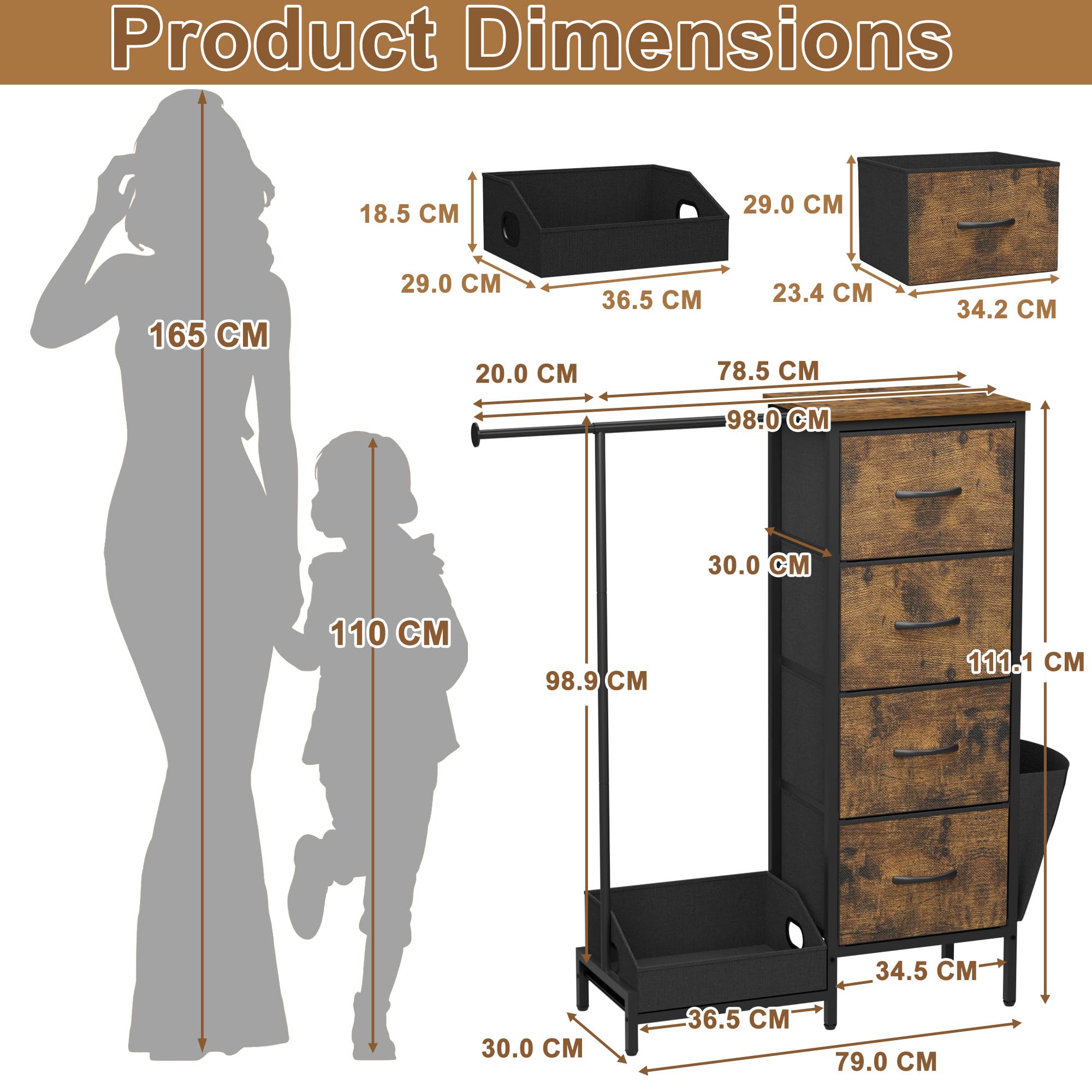 Commode avec 4 tiroirs en tissu et tringle à vêtements, 110 cm de haut, armoire étroite pour chambre à coucher, couloir, chambre d'enfant, armoire à linge peu encombrante avec étagère à chaussures