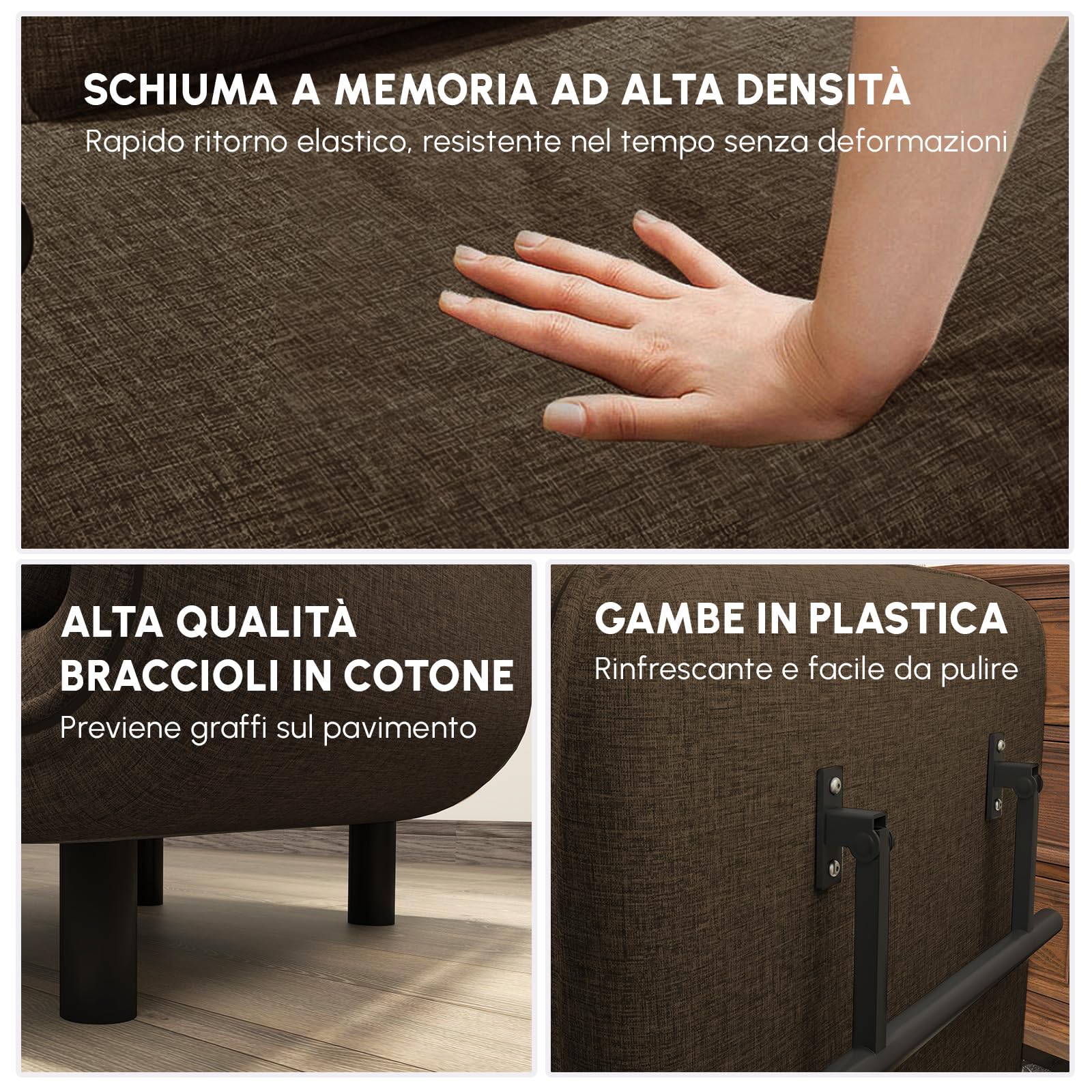 Fabulcozy Poltrona Letto 4 in 1 – Poltrona Letto Singolo Pieghevole con Cuscino, Poltrone Sofa Divano Schienale Reclinabile, Poltrone Sofa Pouf 60L x 68P x 85A cm(Marrone)