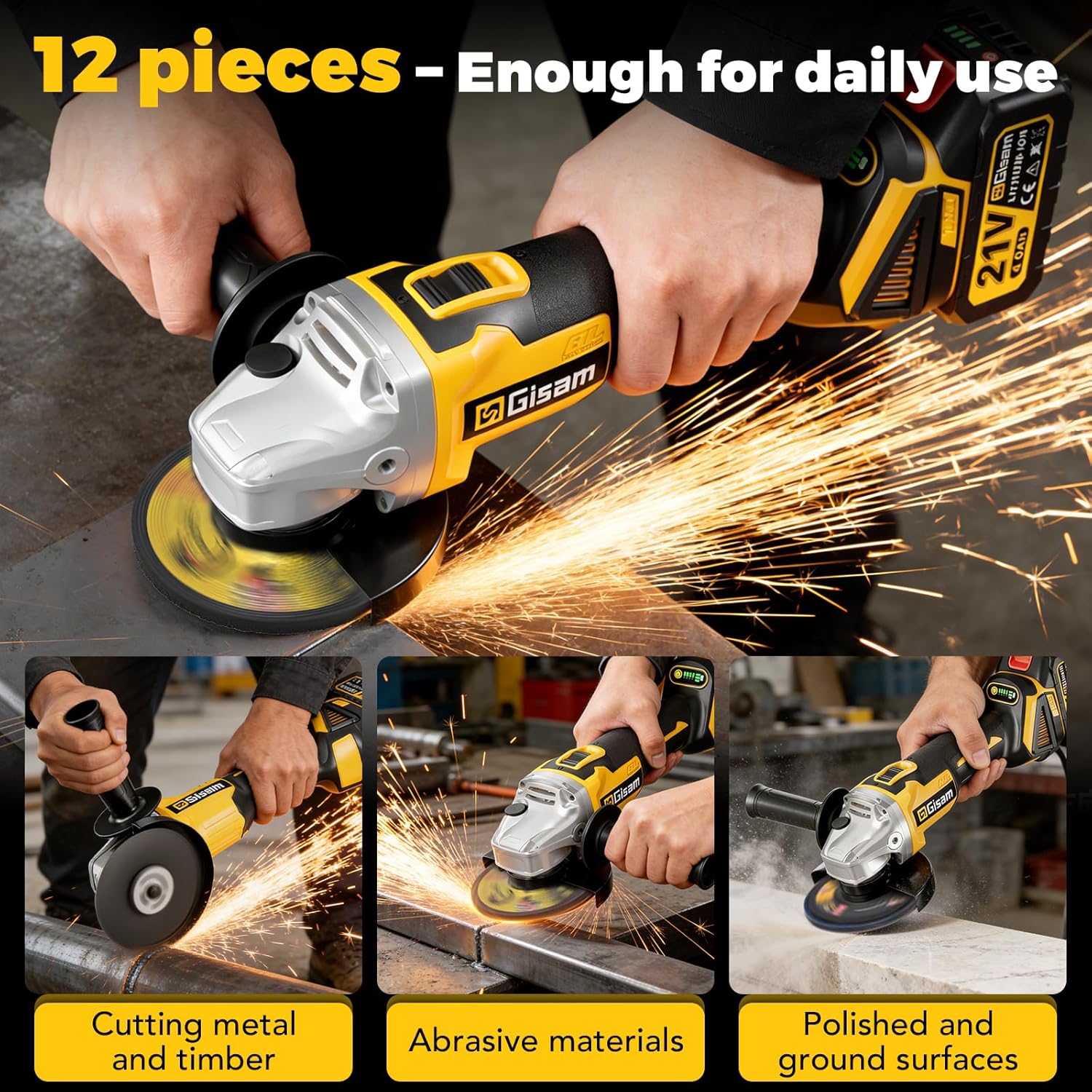 Gisam angle grinder grinding a metal surface