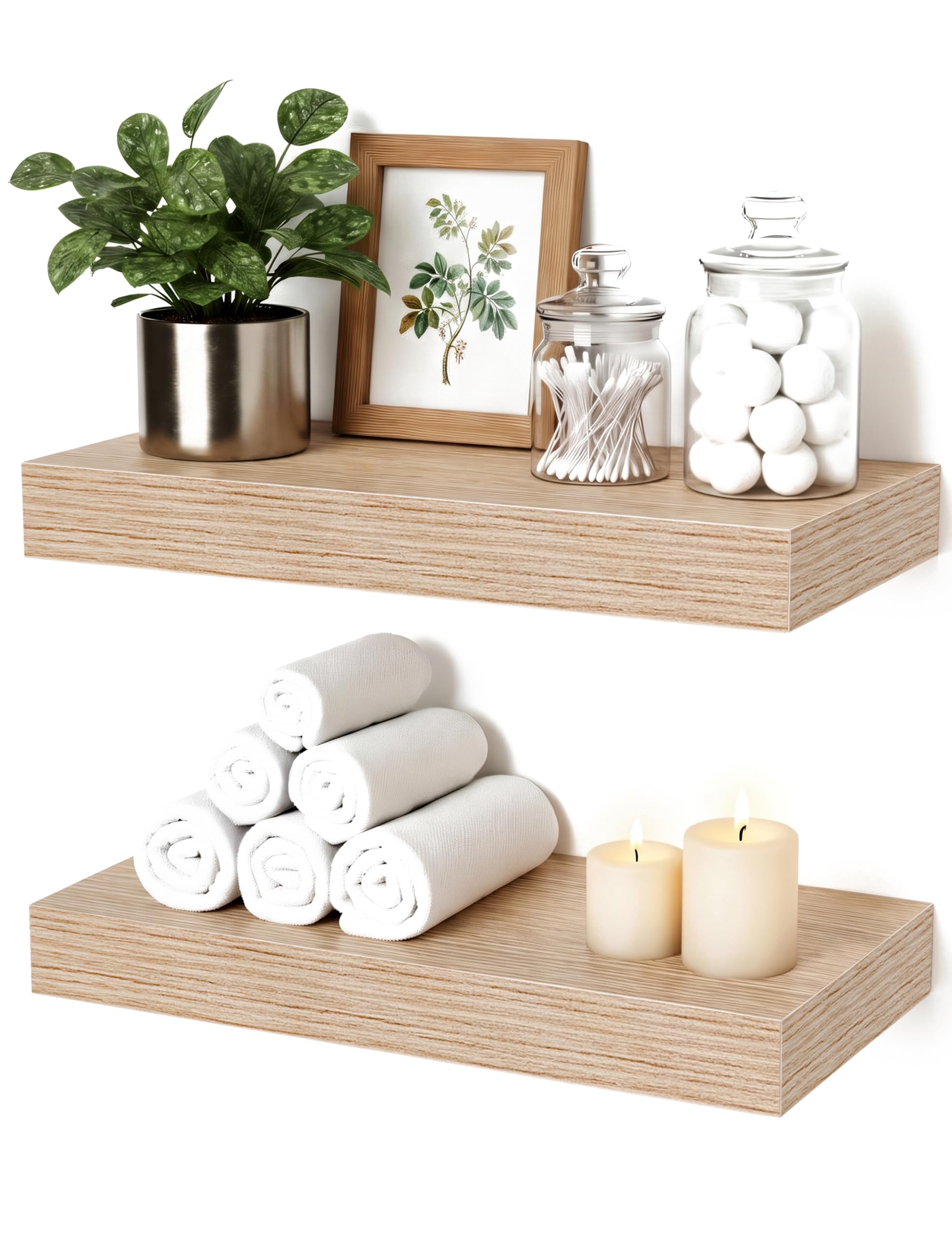 Mifurn Oak Floating Shelves for Wall, 12 Inch Wooden Wall Shelf Set of 2