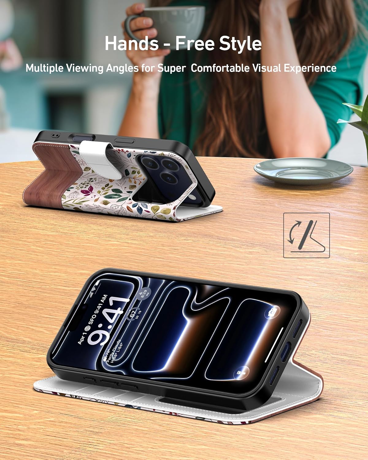 DEENAKIN for iPhone 17 Pro Wallet Case with Card Holder + Cash Clip, RFID-Blocking, Military-Grade Drop Protection, Magnetic Closure with Leather Kickstand - Vibrant Foliage - Image 3