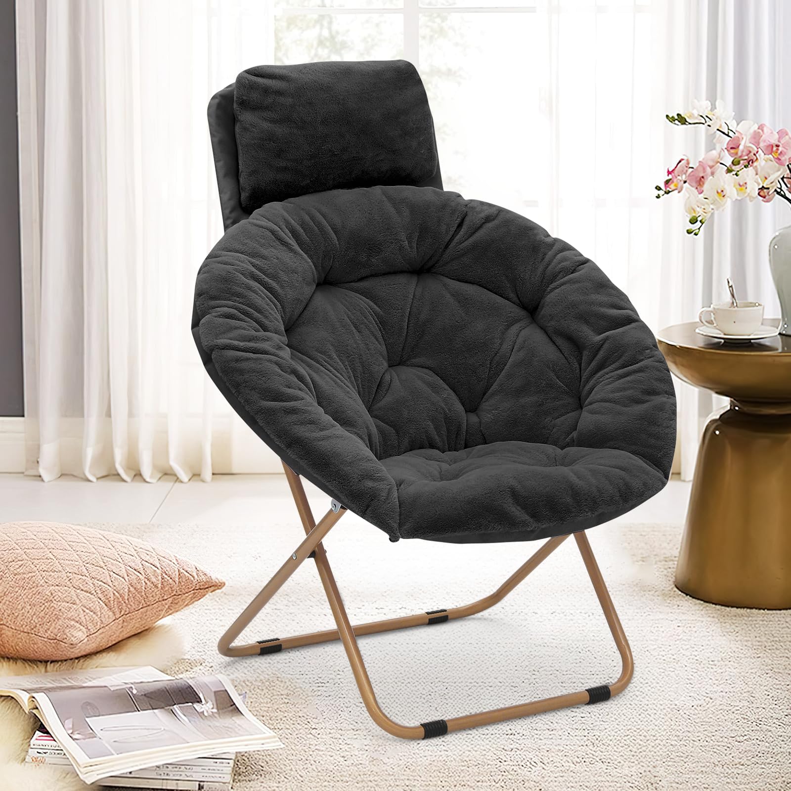 BRIGHTORIA Round Comfy Saucer Chair with Headrest Large Cozy, Metal Frame Cozy Lounge Lazy Chair Folding Faux Fur Saucer Chair for Adults, Foldable