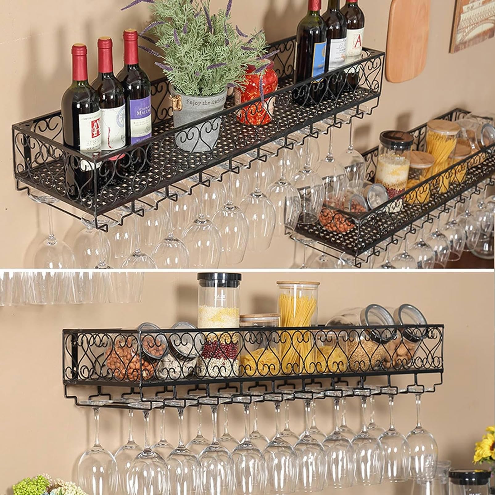Casier à vin Mural pour Bouteilles de vin et Verres, étagère à vin Flottante, Support pour Verres à Pied, Petit casier à vin pour Bar, Cave à vin, Cuisine, métal Noir Lucky Star