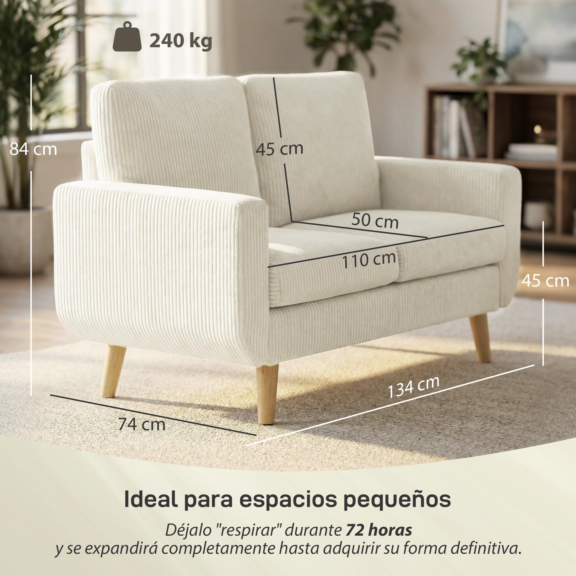HOMCOM Sofá de 2 Plazas con Cojines de Resortes 134x74x84 cm Blanco Crema | Tapizado en Pana, Sofá Moderno, Acolchado, Respaldo Grueso, Patas de Madera, Dormitorio, Oficina, Sala de Estar
