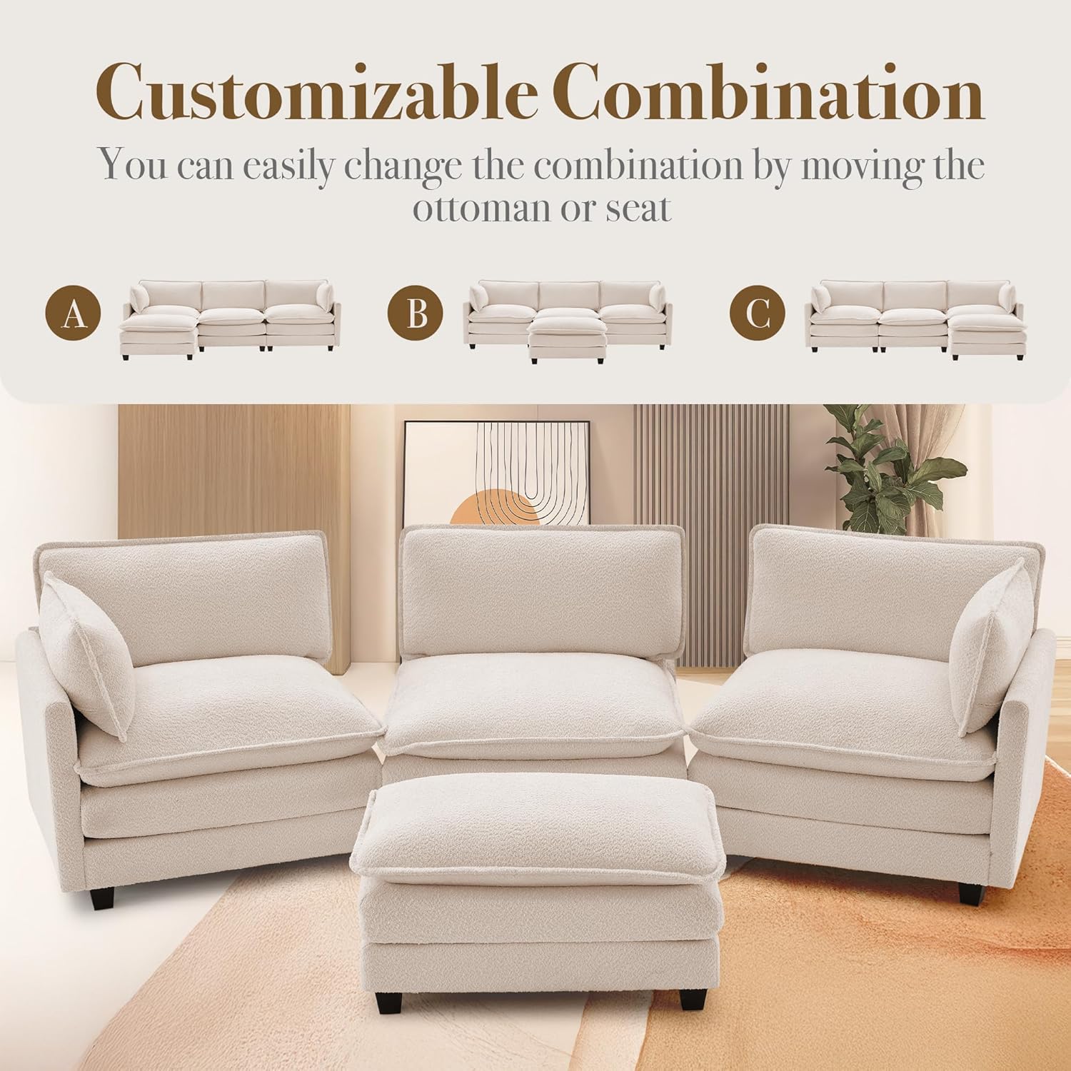 ROWHY 112'' Modular Sectional Cloud Couch with Movable Ottoman, 4 Seat Modern Chenille Sofa with 2 Throw Pillows, Deep Seat L Shaped Couch for Living Room Bedroom Apartment, Beige | Arrange Freedom, Pet-Friendly Fabric, Sturdy Frame, Ultimate Comfort, Movable Ottoman, Deep Seat