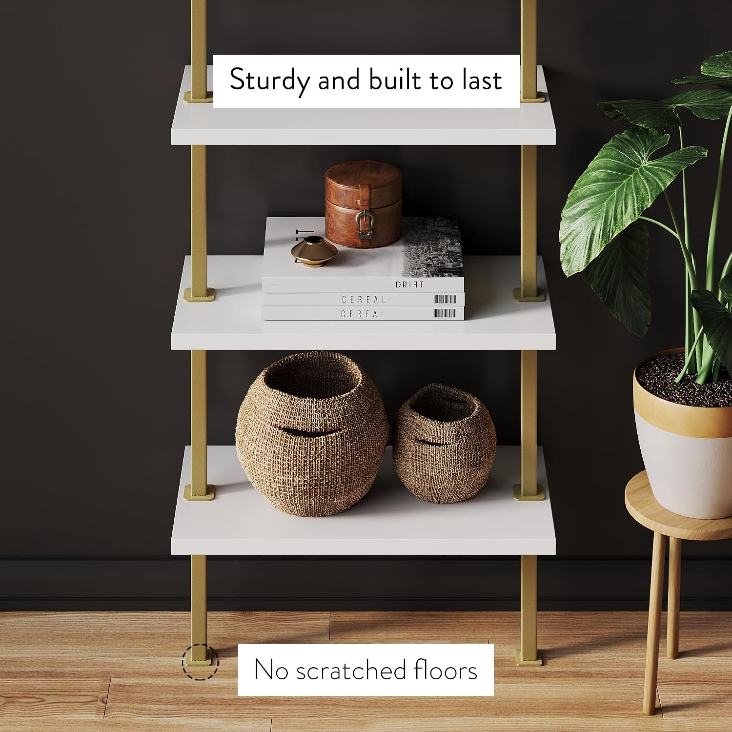 Nathan James 66001 Theo 5-Shelf Gold, Ladder Bookcase with Gold/Brass Metal Frame, White, Set of 2 image 4