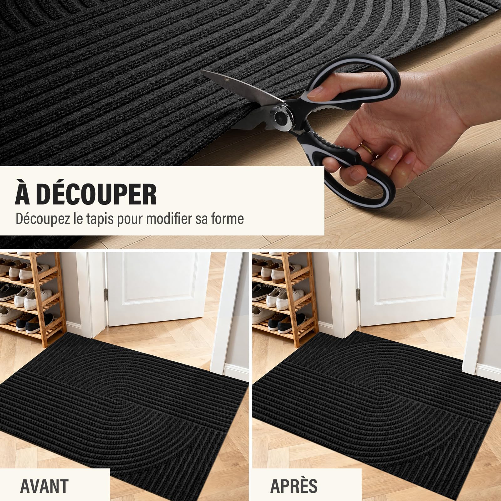 Tapis Entrée Intérieur Motif Vague Symétrique, 60x90cm-Noir | Paillasson Attrape-Poussière Antidérapant, Absorbant, Tapis de Porte Profil Bas et Lavable pour Cuisine,Chambre, Couloir