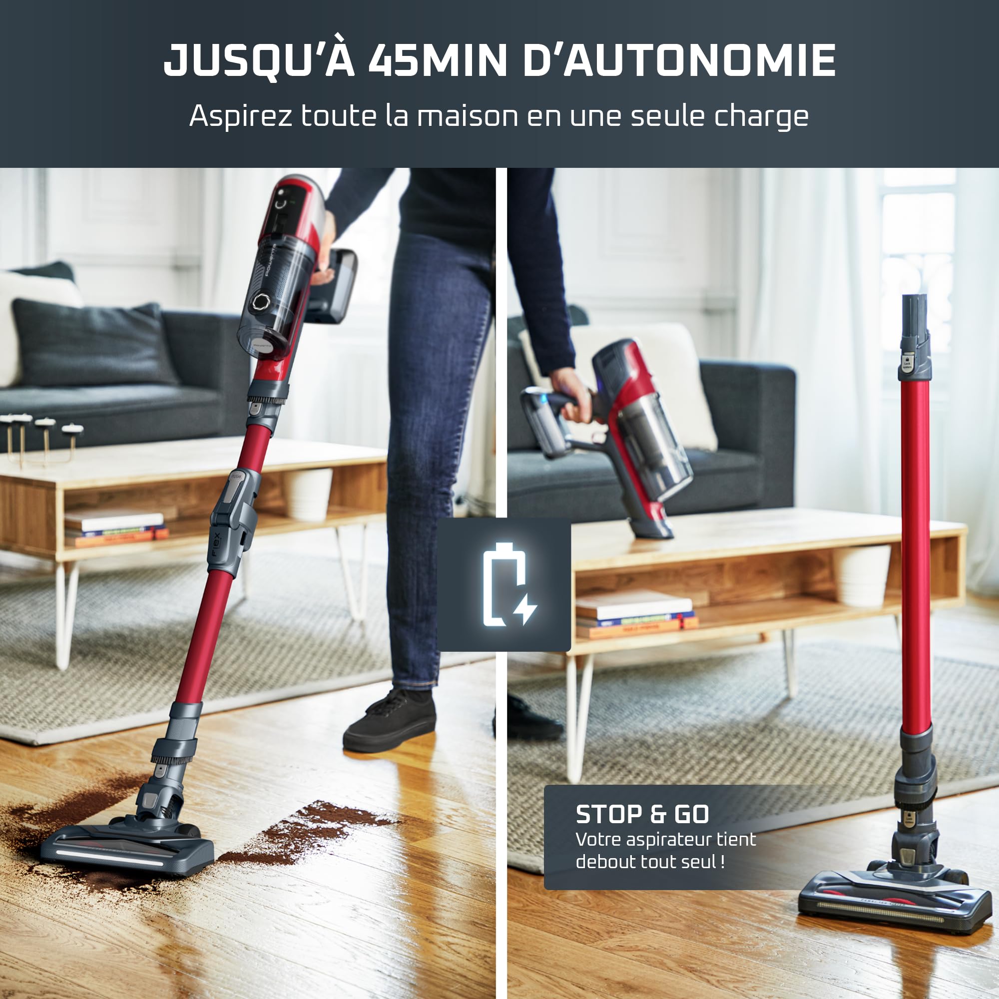 Rowenta X-Pert 6.60 Smart Aspirateur Balai sans fil, Tube Flex, Idéal pour les Poils D'animaux, Léger, Puissance 100W, Autonomie 45min, LED RH6471WO, Noir/Rouge