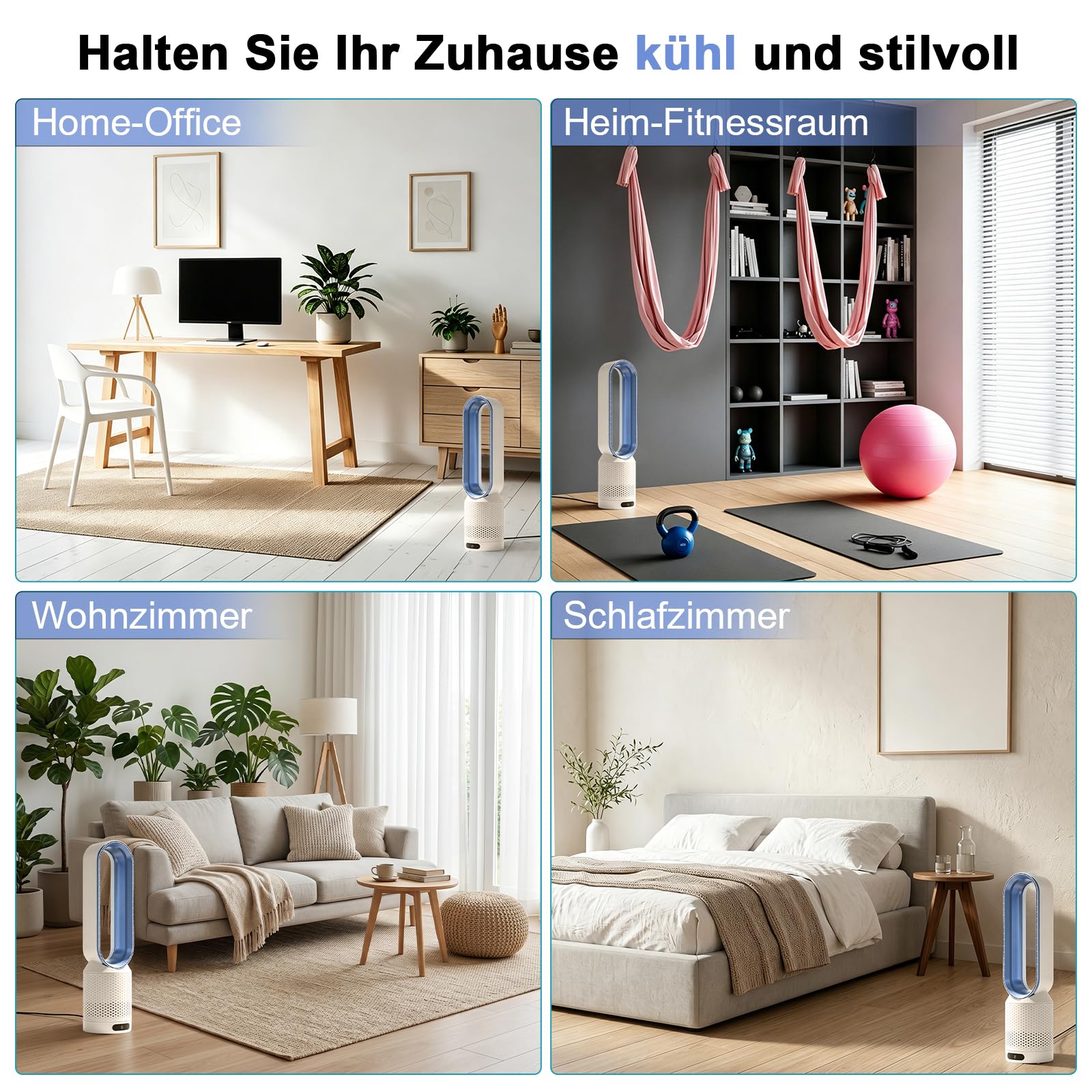 Rotorloser Ventilator mit Fernbedienung, Bladeless Fan, mobiles Klimagerät, 8 Gänge, 90° Oszillation, 30W, Blau