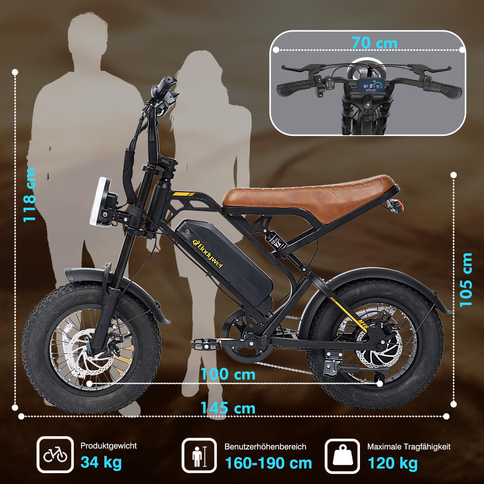 Bodywel M16 E Bike Herren Damen, 16x4.0 Zoll All Terrain E Fatbike City & Mountain, 48V 13Ah Akuu, 250W Motor, Reichweite 60-80km (PAS), LCD Display, Duale Lichter, Vollfederung Elektrofahrrad