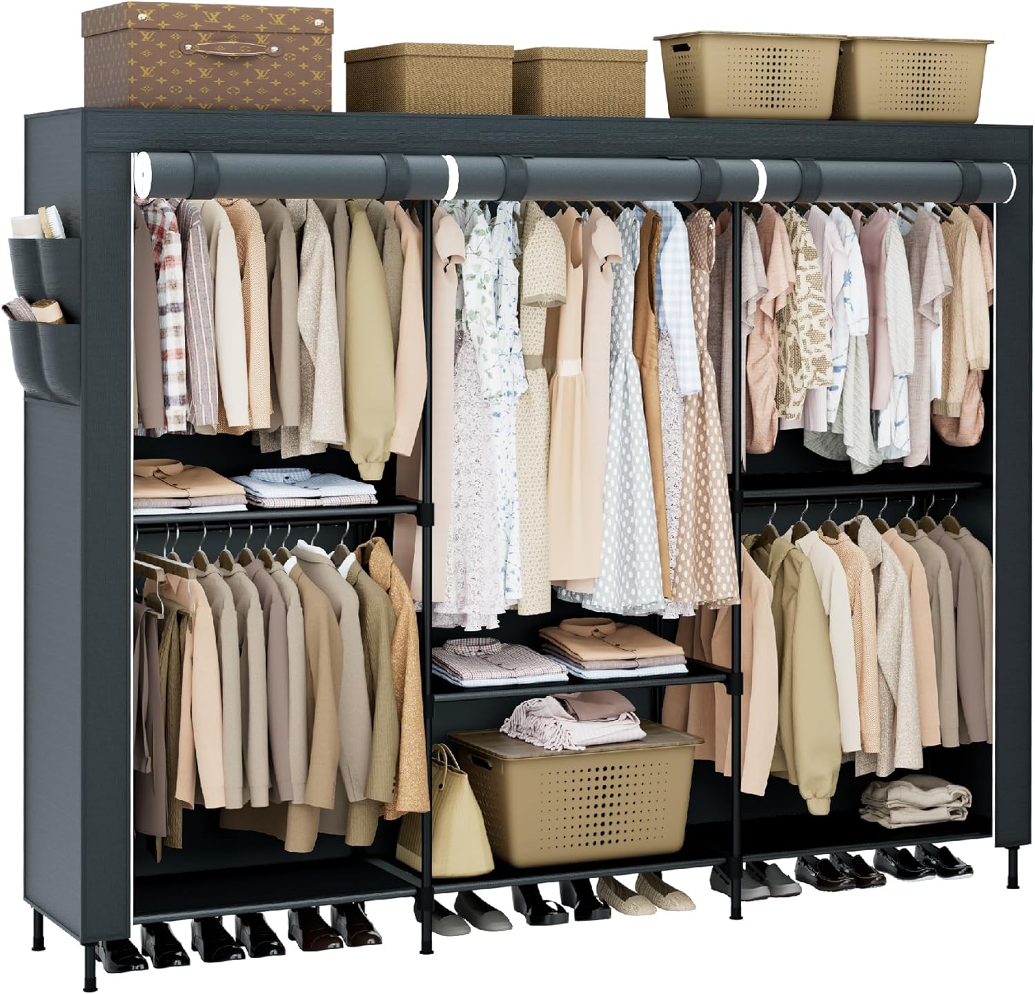 Clothes Rack, Portable Closet, 81.5 Inch Large Capacity Wardrobe Closet, Clothes Storage Organizer with Shelves and 5 Hanging Rods, Easy to Assembly, Grey PCT136G01 81.5"L x 17.7"W x 78"H Grey