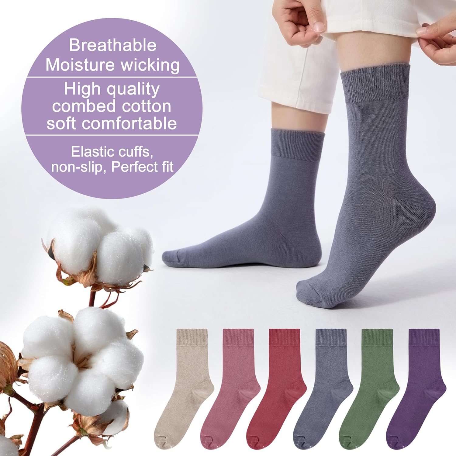 ATBITER Women's Thin Cotton Crew Socks - Soft Above Ankle Bootie Casual Dress Socks 6-Pairs - Image 2