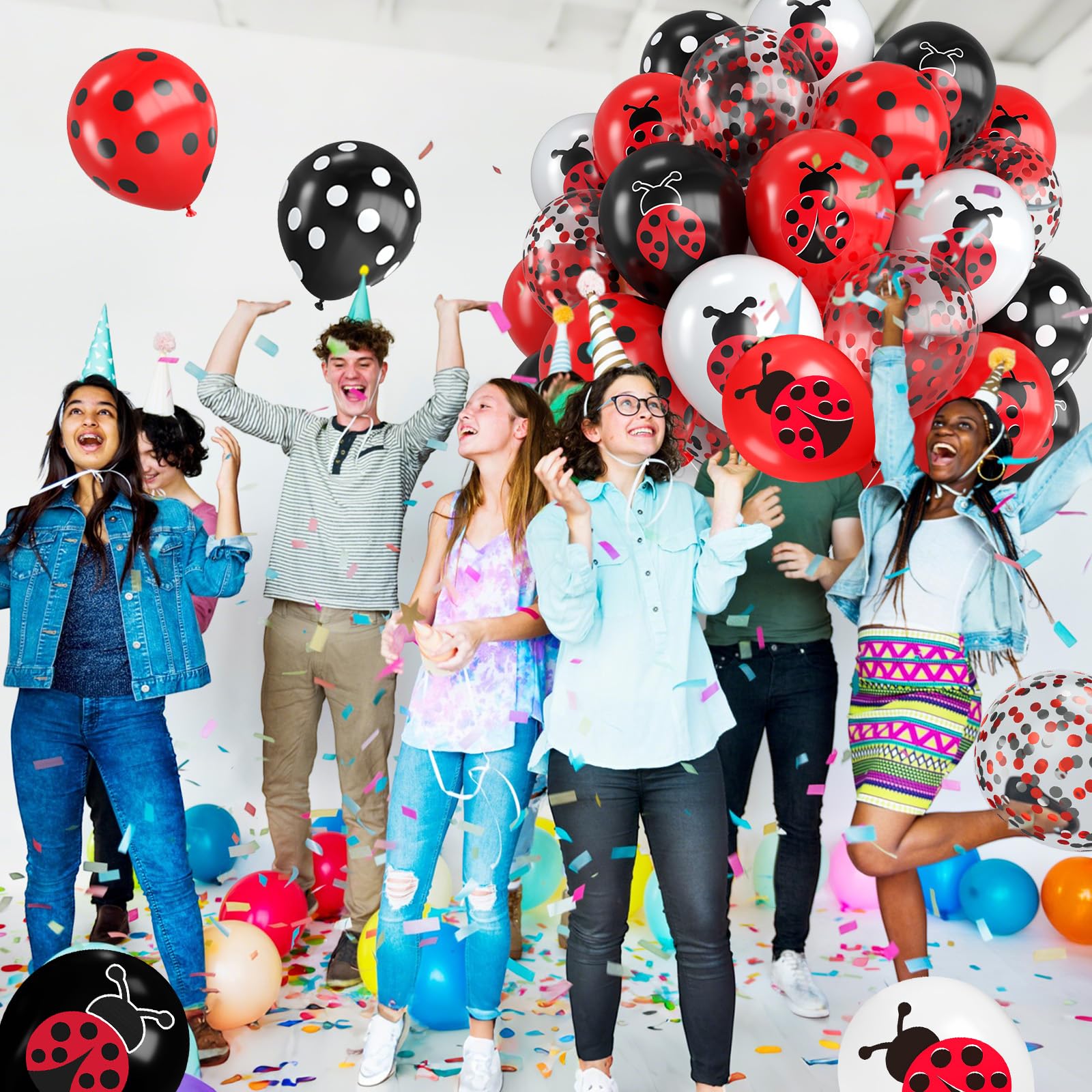 Marienkäfer-Luftballons, 30,5 cm, Marienkäfer-Druck, rot, schwarz, weiß und gepunktet, Ballon mit rotem schwarzem Konfetti, für Marienkäfer, Geburtstag, Babyparty, Motto-Party-Dekorationen