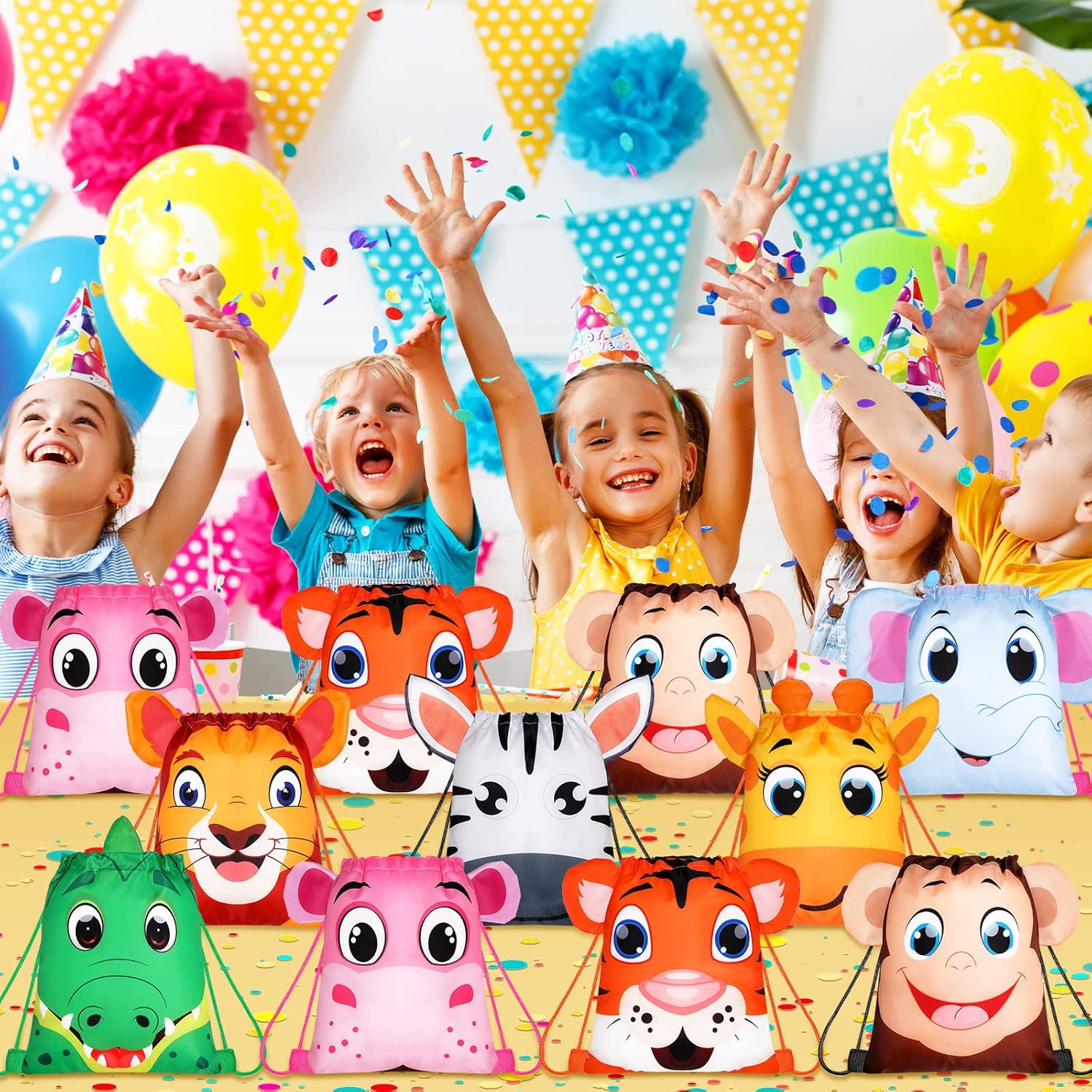 Hillban 16 Pcs Animal Drawstring Bags for Kids Party Favors Drawstring Backpack with Ear for Safari Birthday (Jungle Style)