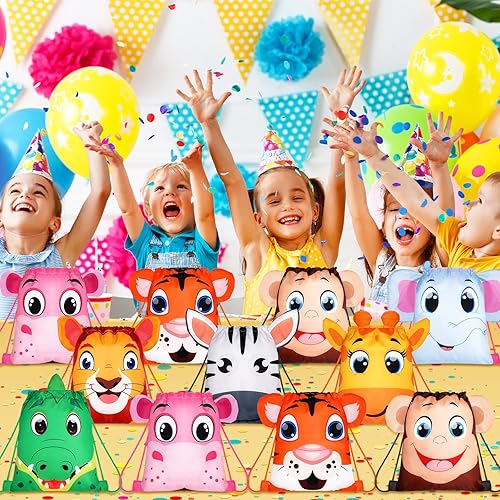 Miniatura 7 de Hillban 16 bolsas con cordón de animales para niños, mochila con cordón y oreja, para safari, cumpleaños (estilo jungla)