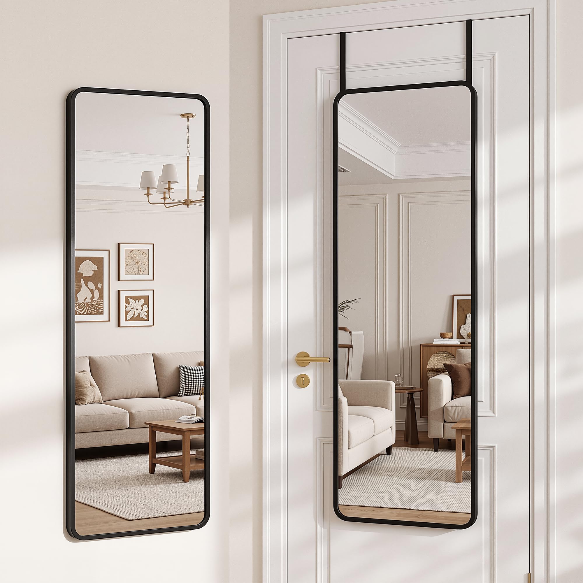 Suidia Full Length Mirror Over the Door&amp;Wall Mounted, 48"x14" Door Mirror with Aluminum Alloy Frame, HD Shatterproof, No-Drill, Hanging Mirrors for Bedroom, Bathroom, Dorm, Closet, Rounded Rect, Black