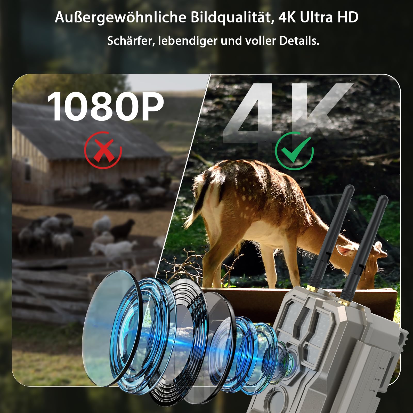 GardePro E8 2.0 Pro Wildkamera Doppelantenne WLAN mit 64GB SD Karte, 64MP H.264 4K Video Wiederaufladbare 7800mAh Akku, Mobilfunkübertragung, 30m Nachtsicht Bewegungsmelder 0,1s Trigge, IP66