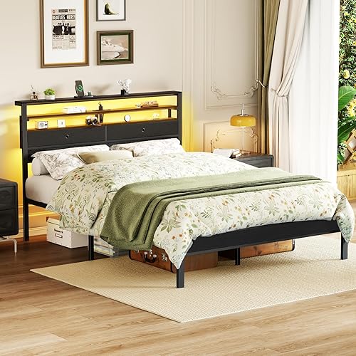 Miniatura 9 de Furnulem Base de cama Queen con cabecero y 2 cajones de tela, marco de cama tamaño Queen con luces LED, estación de carga integrada y estantes de
