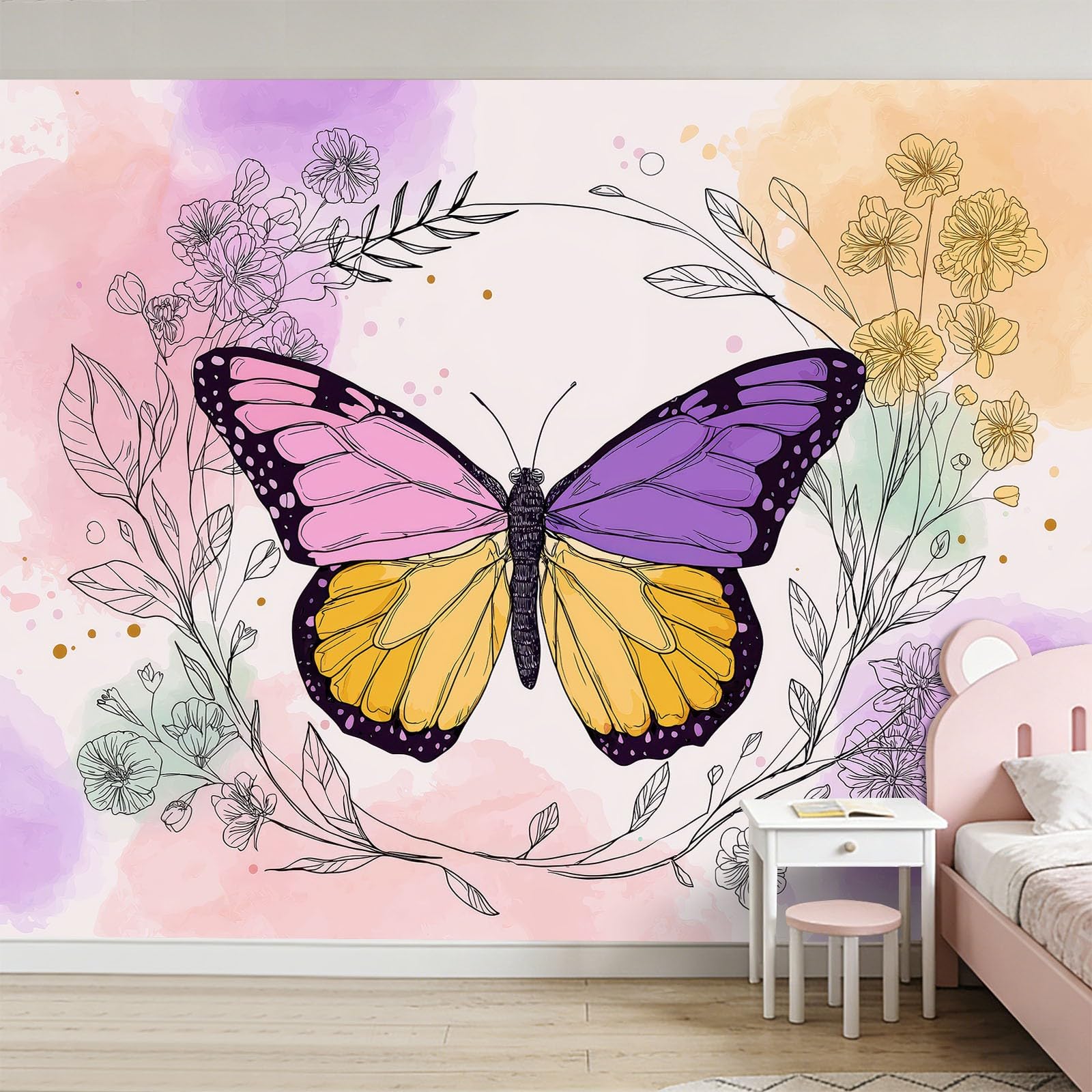 Papel pintado no tejido efecto 3D mariposa zarcillos pequeñas flores 450 x 280 cm XXL papel pintado fotográfico dormitorio estilo natural papel pintado salón pared decoración pasillo Aesthetic murales