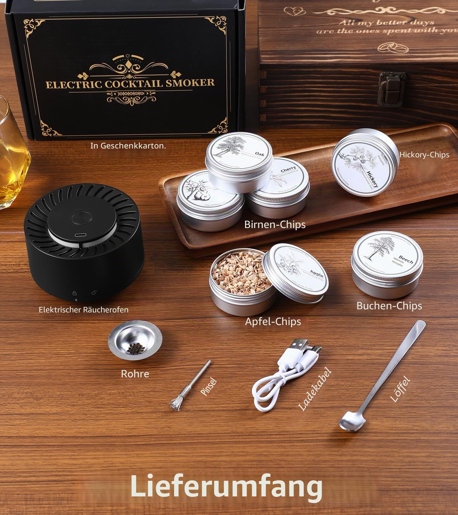 Elektrisches Whisky-Räucherset mit LED-Licht, 6 Holzspäne-Aromen, kein Butan erforderlich, wiederaufladbarer Cocktail, altmodisches Räucher-Set, Bar-Set, Zubehör, Geschenke für Männer, Vater, Ehemann