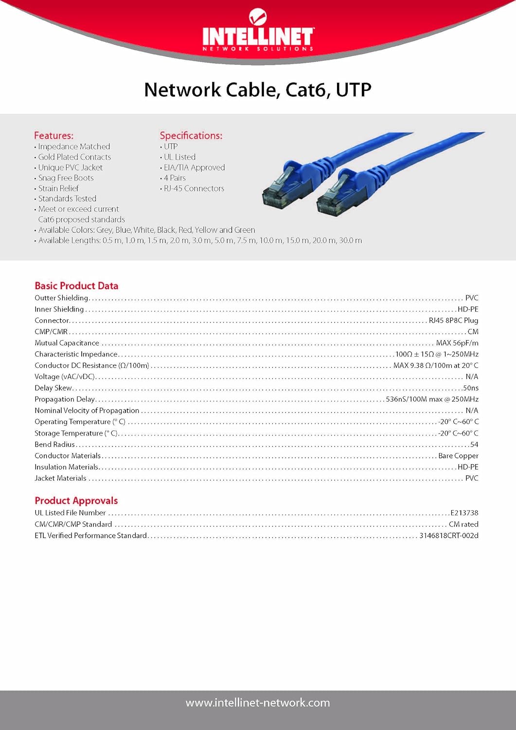 Intellinet Network Solutions Cat6 RJ-45 Male/RJ-45 Male UTP Network Patch Cable, 150-Feet (347235)