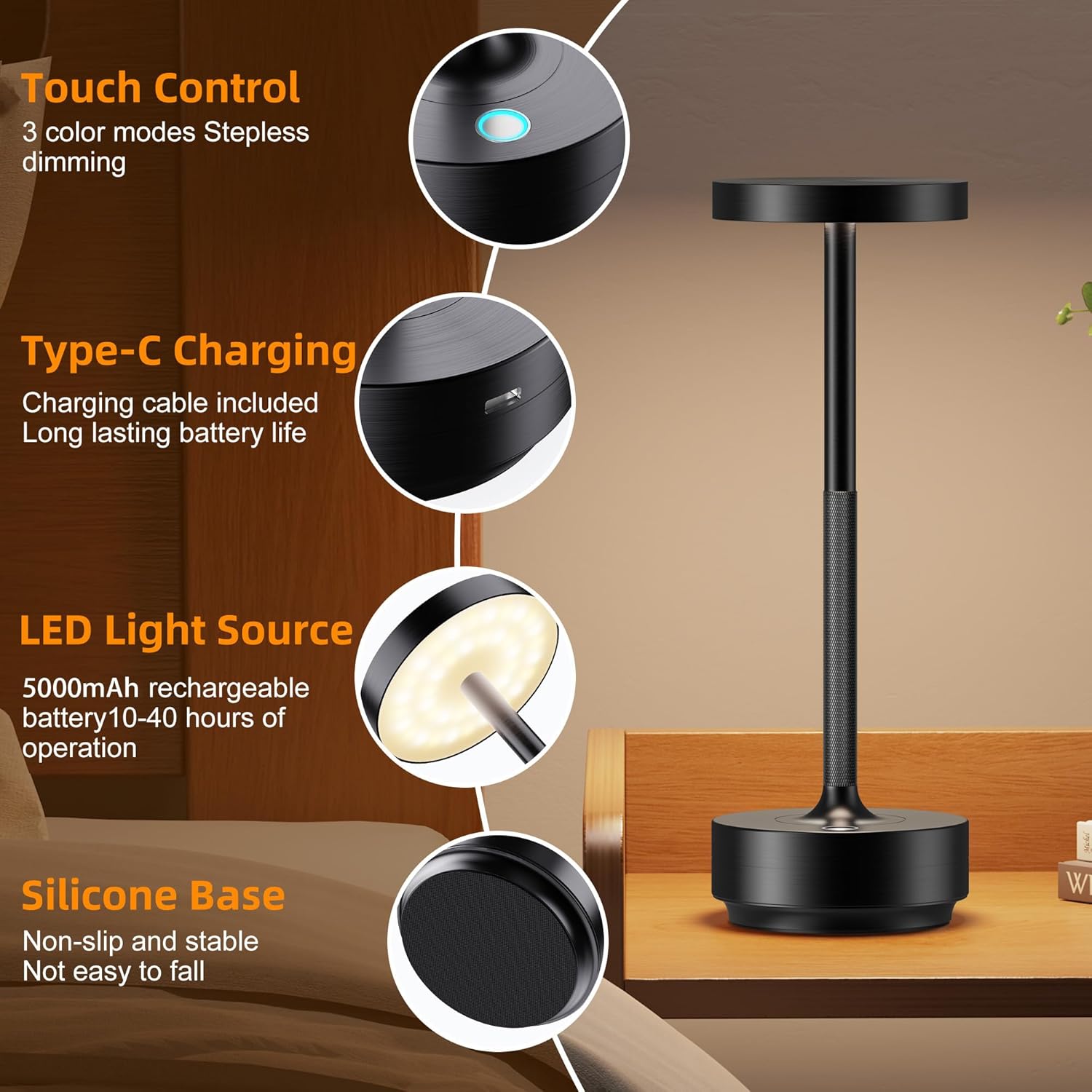2-Pack Cordless Table Lamp Rechargeable, 5000mAh Battery Operated LED, Touch 3-Color Stepless Dimming, IP54 Waterproof Wireless Lamp for Bedroom Dining Restaurant Patio Outdoor – Black