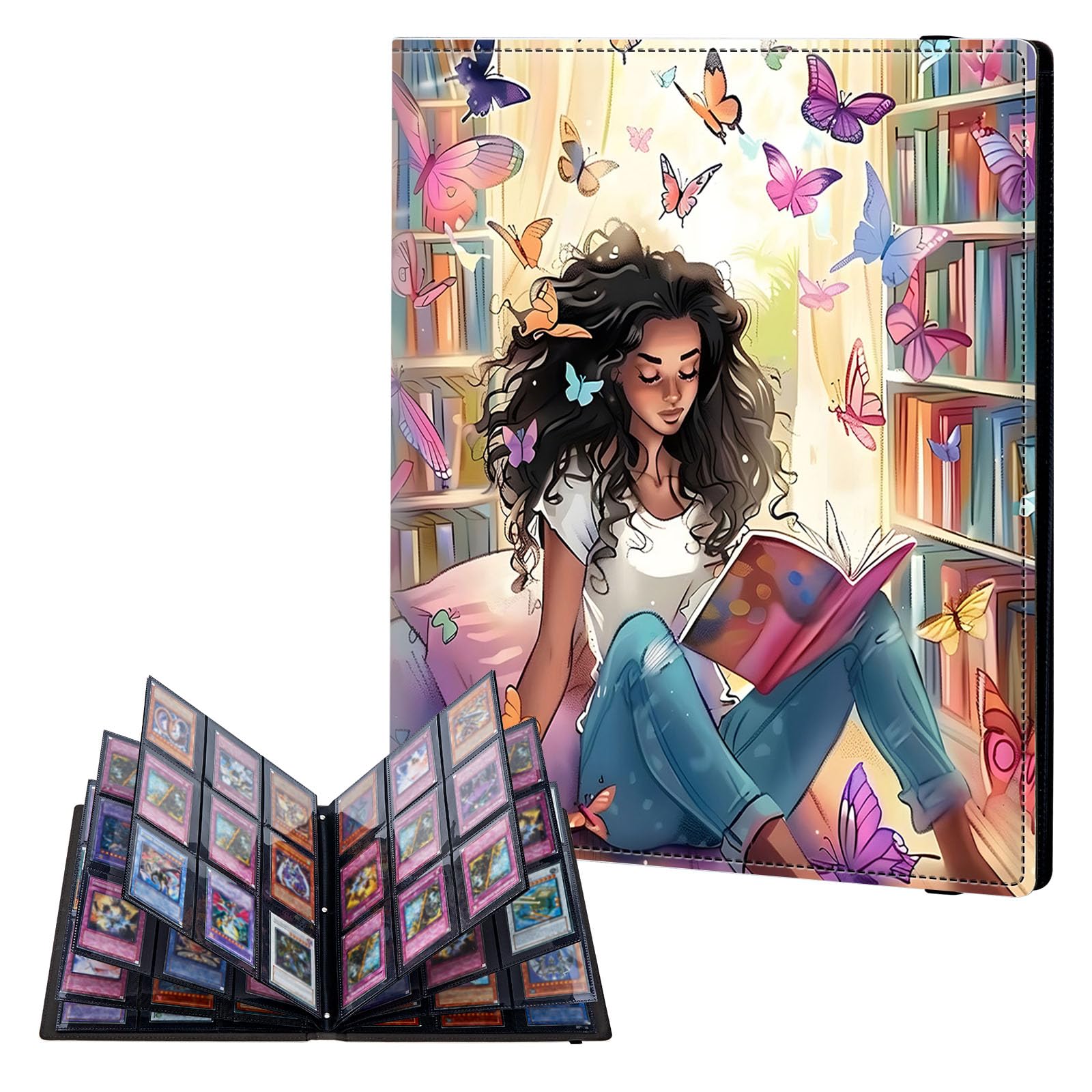 ETLKJVBL 9 Pocket Trading Card Binder, Card Collection Binder for TCG, MTG, Sports Cards, Baseball, Butterfly Girl Reading Trading Card Book Holder for Collectors, Top Loader Binder — image 1