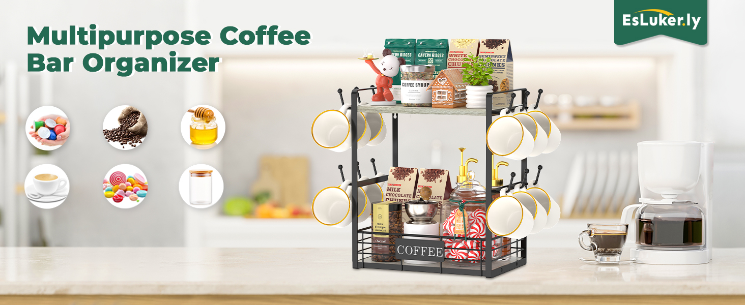 EsLuker.ly Kaffee-Bar-Organizer – 2-stöckig, Mit 12 Haken, Weiß-schwarz, Für Arbeitsplatte