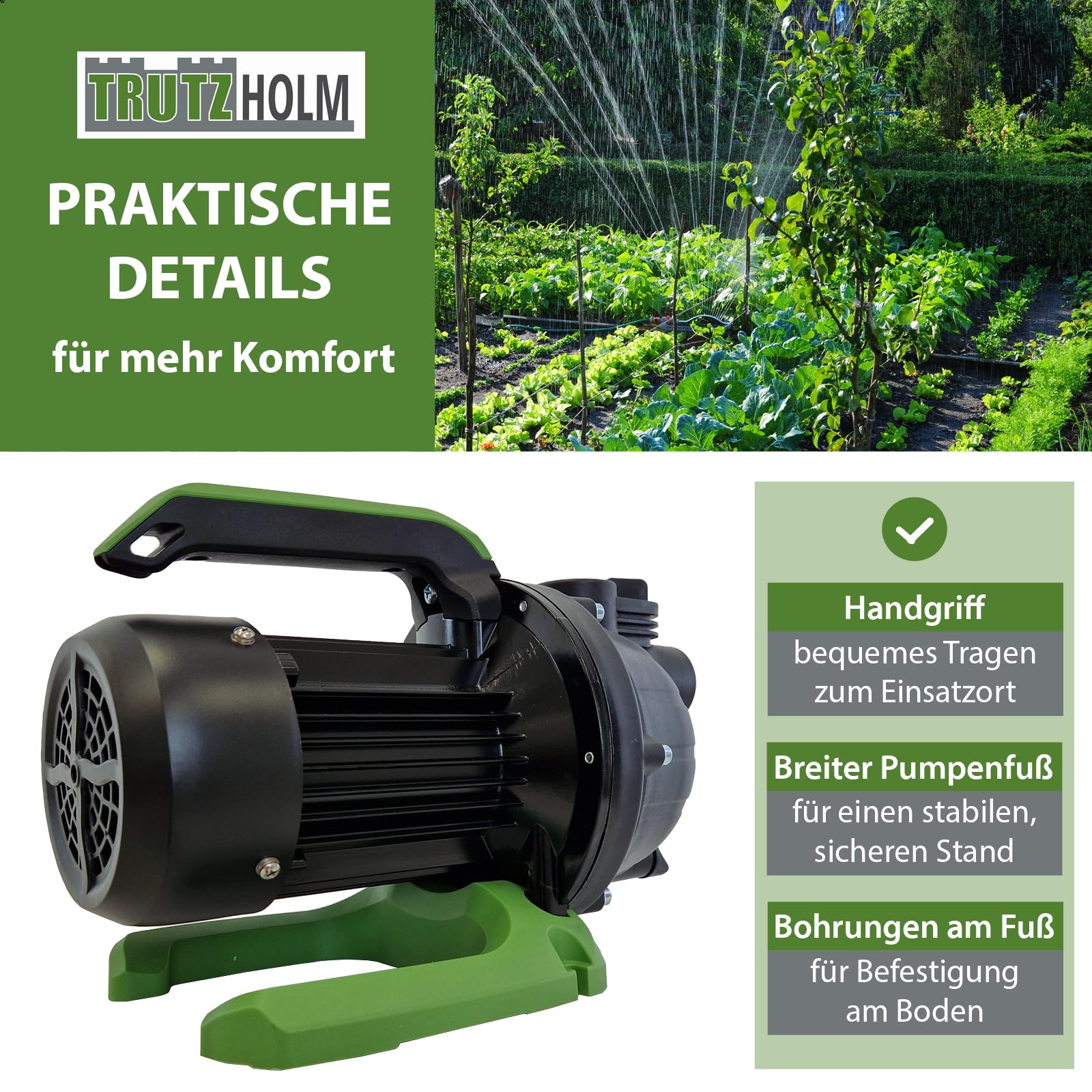 TRUTZHOLM Gartenpumpe 600 W 3000 l/h Förderhöhe 43 m Förderdruck max. 4,4 bar 1" Anschluss Jetpumpe Druckpumpe Saugpumpe zur Gartenbewässerung inkl. praktischem Handgriff und stabilem Pumpenfuß