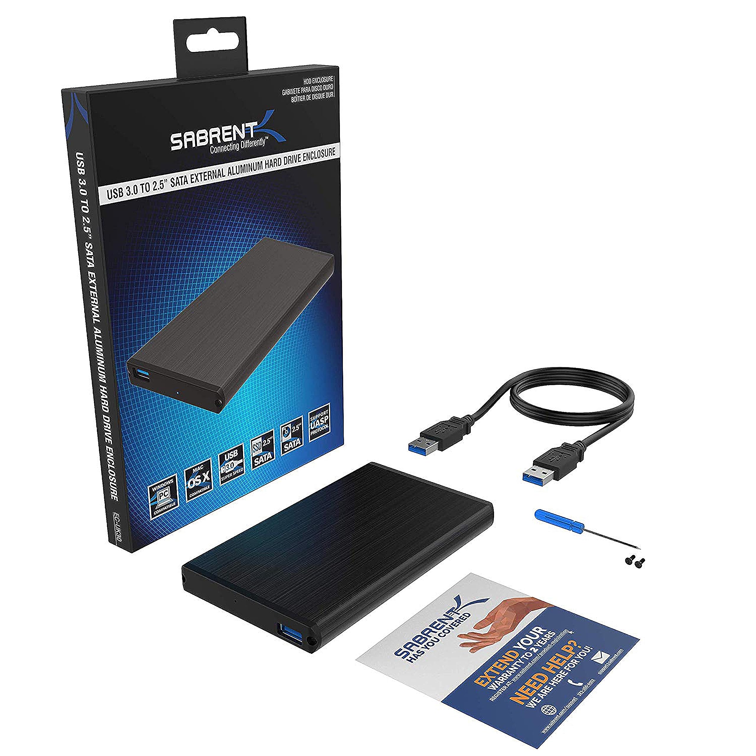 SABRENT Case SSD/HDD Hard Disk Esterno da SATA 2.5'' a USB 3.2 Gen 1, [Supporto UASP SATA III] Alluminio Nero (EC-UK30)
