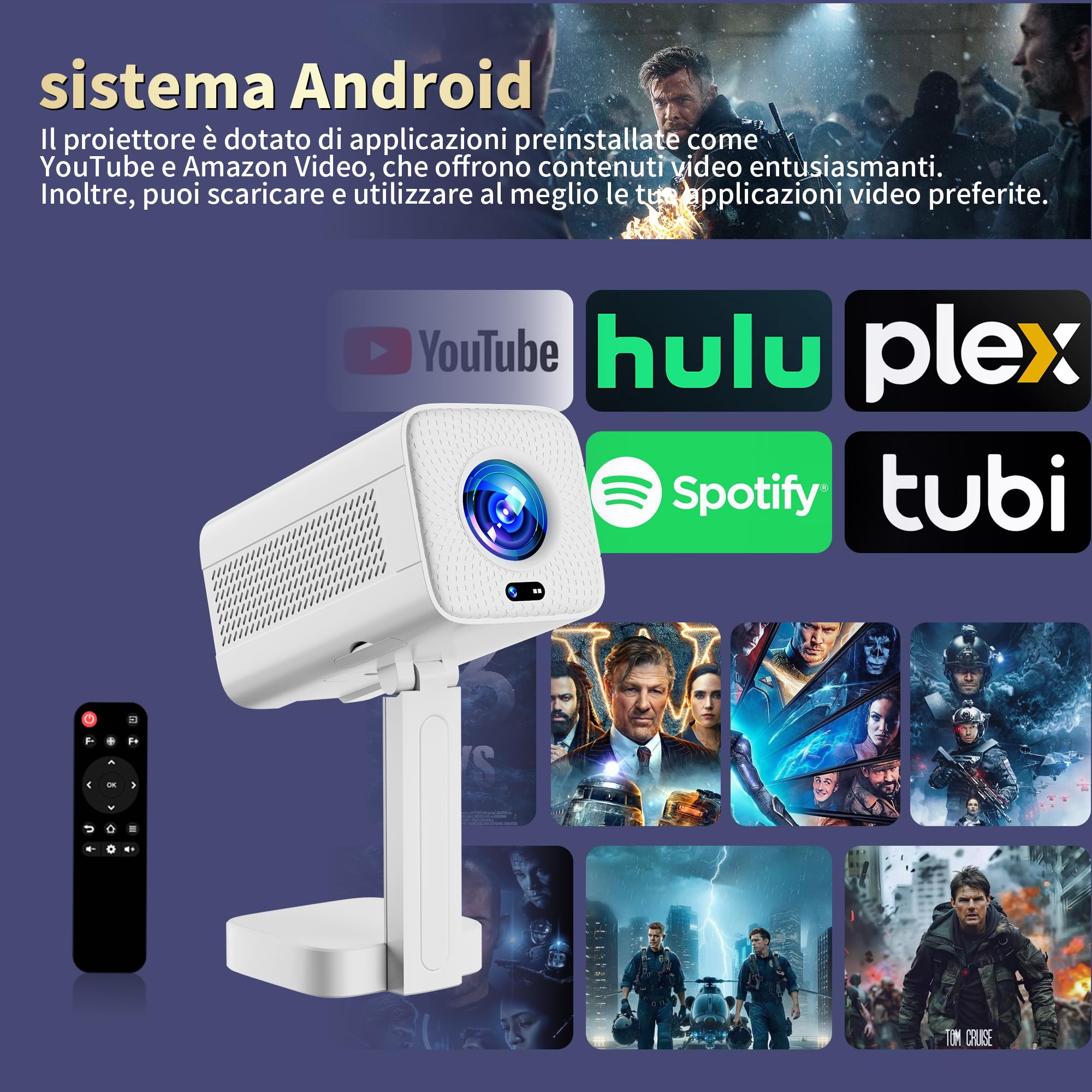 [2026 Upgraded & Apps Integrate] Proiettore 4K Support 1080P & Auto Focus/Keystone e Rotabile 90°, Mini Proiettore con WiFi 6 e Bluetooth 5.4 Compatibile con HDMI/TV Stick/Memory Stick/Laptop - Bianco