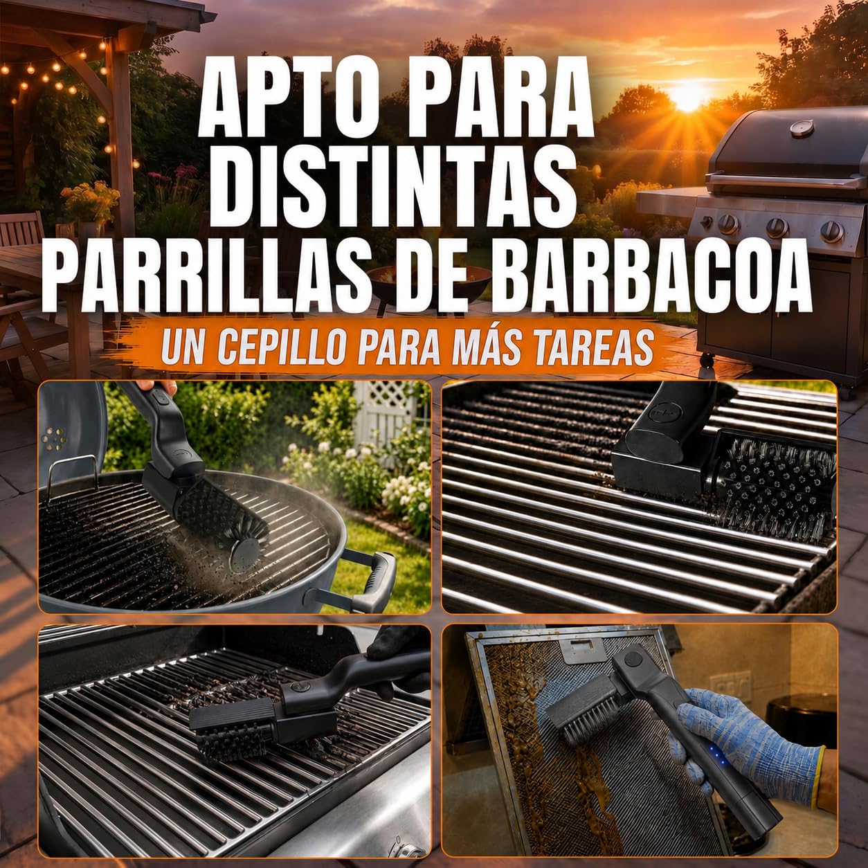 Cepillo eléctrico para Barbacoa y Parrilla, Limpiador de Parrilla eléctrico con Cabezal Ajustable 180°, 3 velocidades 300/350/400 RPM, batería USB-C 90 min, IPX6, cepillos Intercambiables