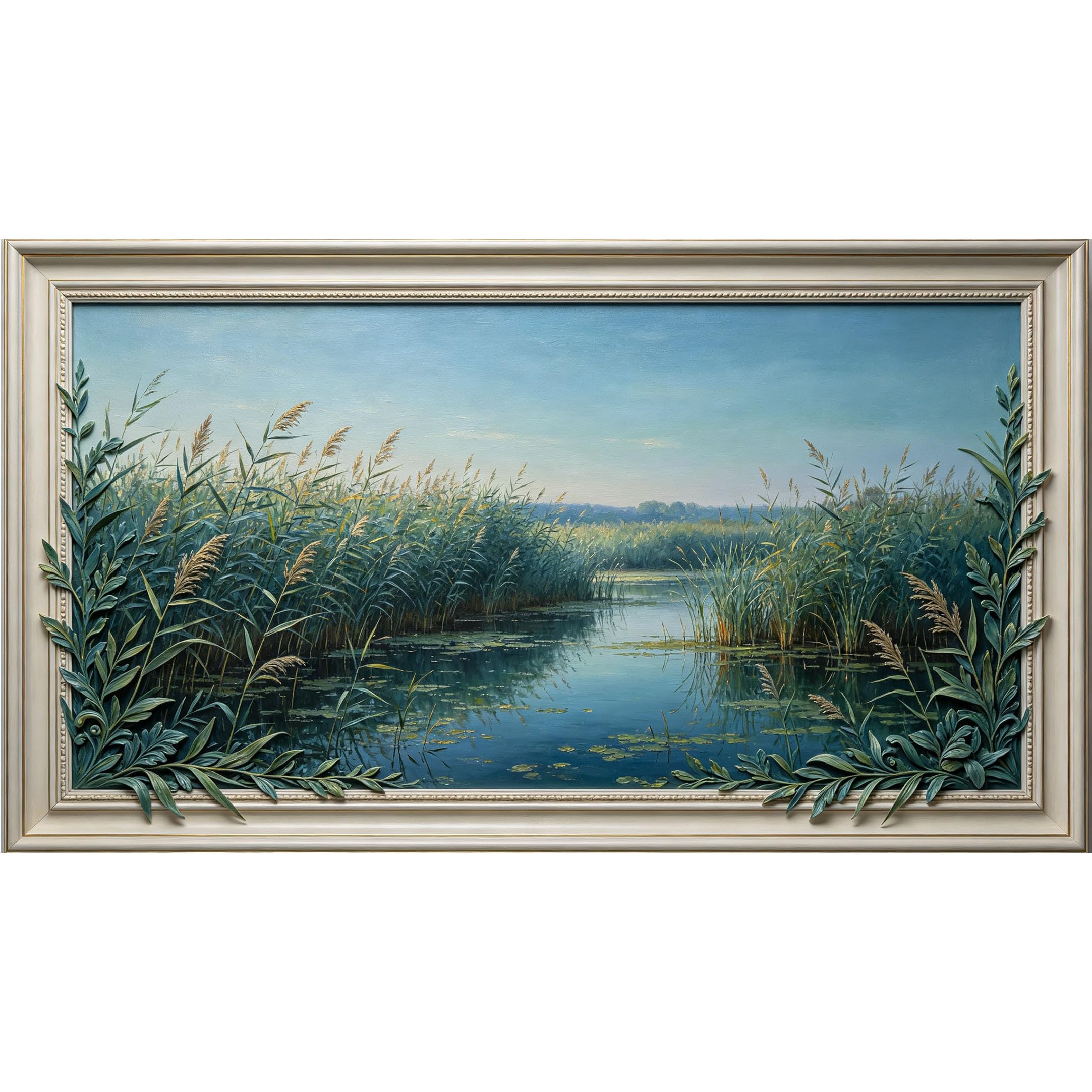 QZLITHOTIC 50x90cm3D Framed Wall Art， Lake Reed Landscape Oil Painting Self‑Adhesive Mural， Water‑Activated Peel & Stick Fabric Decor Wall Decal for Bedroom Living Room