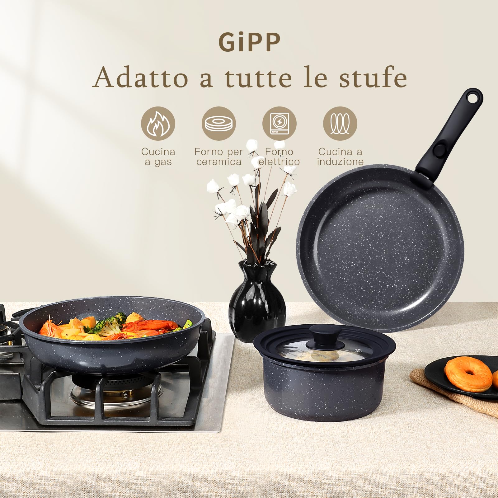 Set Di Padelle Antiaderenti GiPP Da 15 Pezzi per Camper, Nero | Manico Staccabile, Compatibili Con L'Induzione, Padelle Per Friggere E Salse In Vetro, Adatto ai Fornelli a Induzione