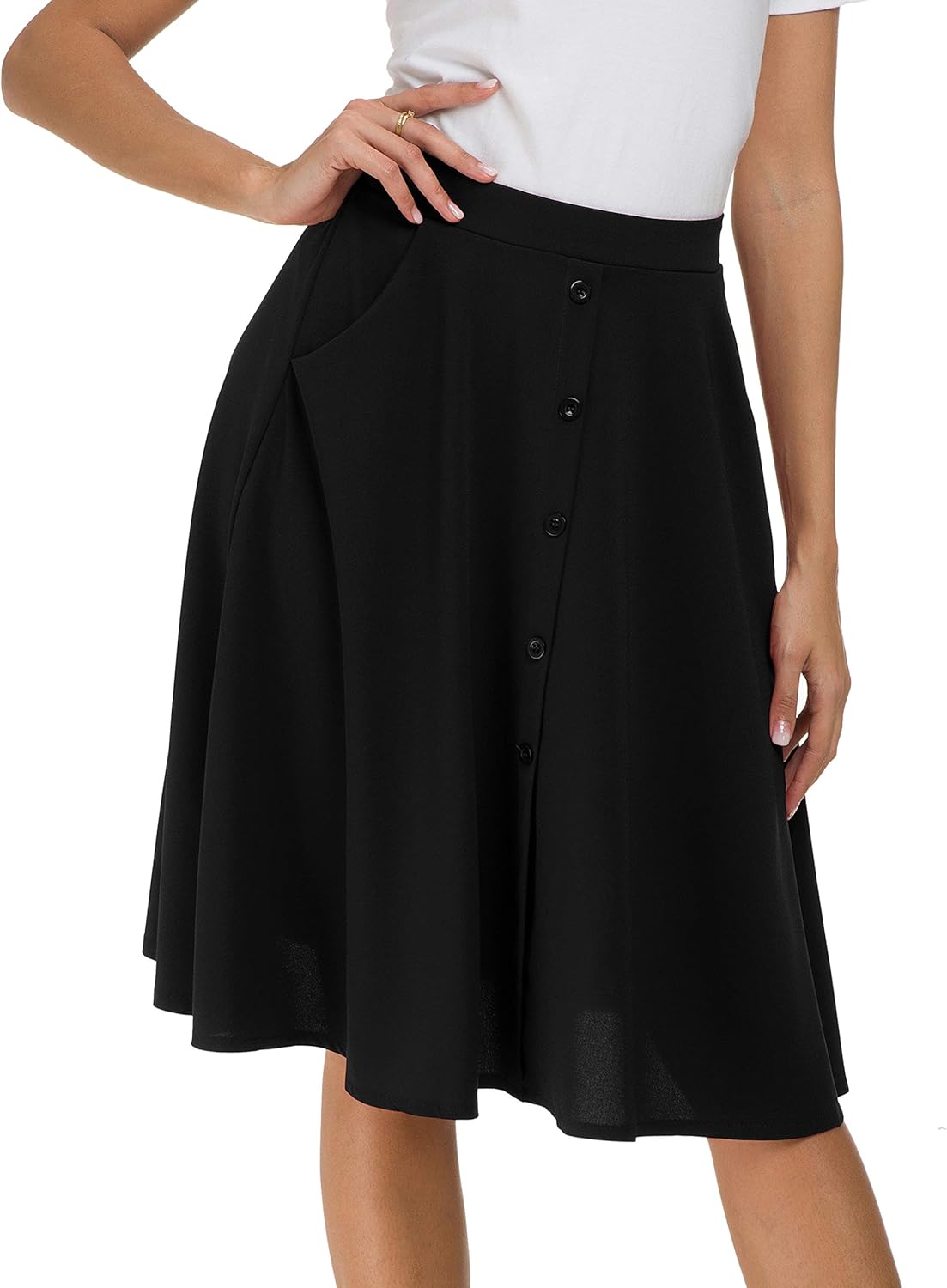 Afibi Womens High Waisted A Line Pleated Midi Skirt Button Front Skirts with Pocket - Image 5