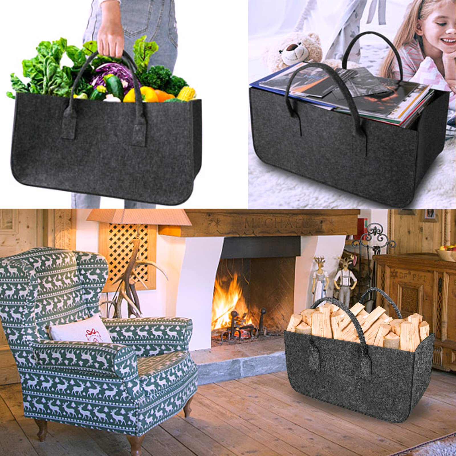 Borsa In Feltro Pieghevole Per Legna Da Ardere - 50x25x25cm, Multiuso Per Camino, Spesa O Giocattoli - Foto 8