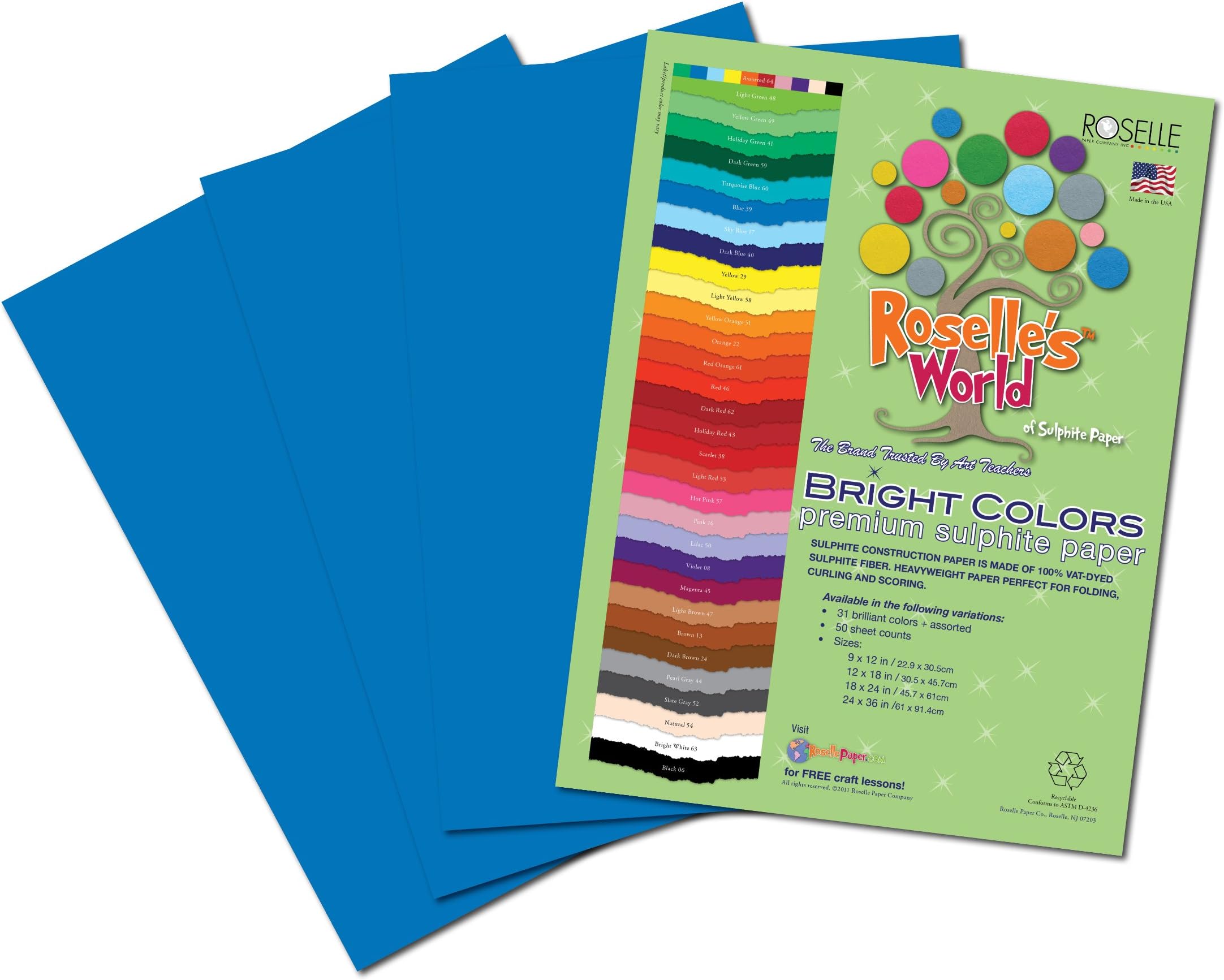Roselle Bright Colors Suphite Construction Paper, 9 x 12 Inches, Blue, 50 Sheets Per Package (73901)