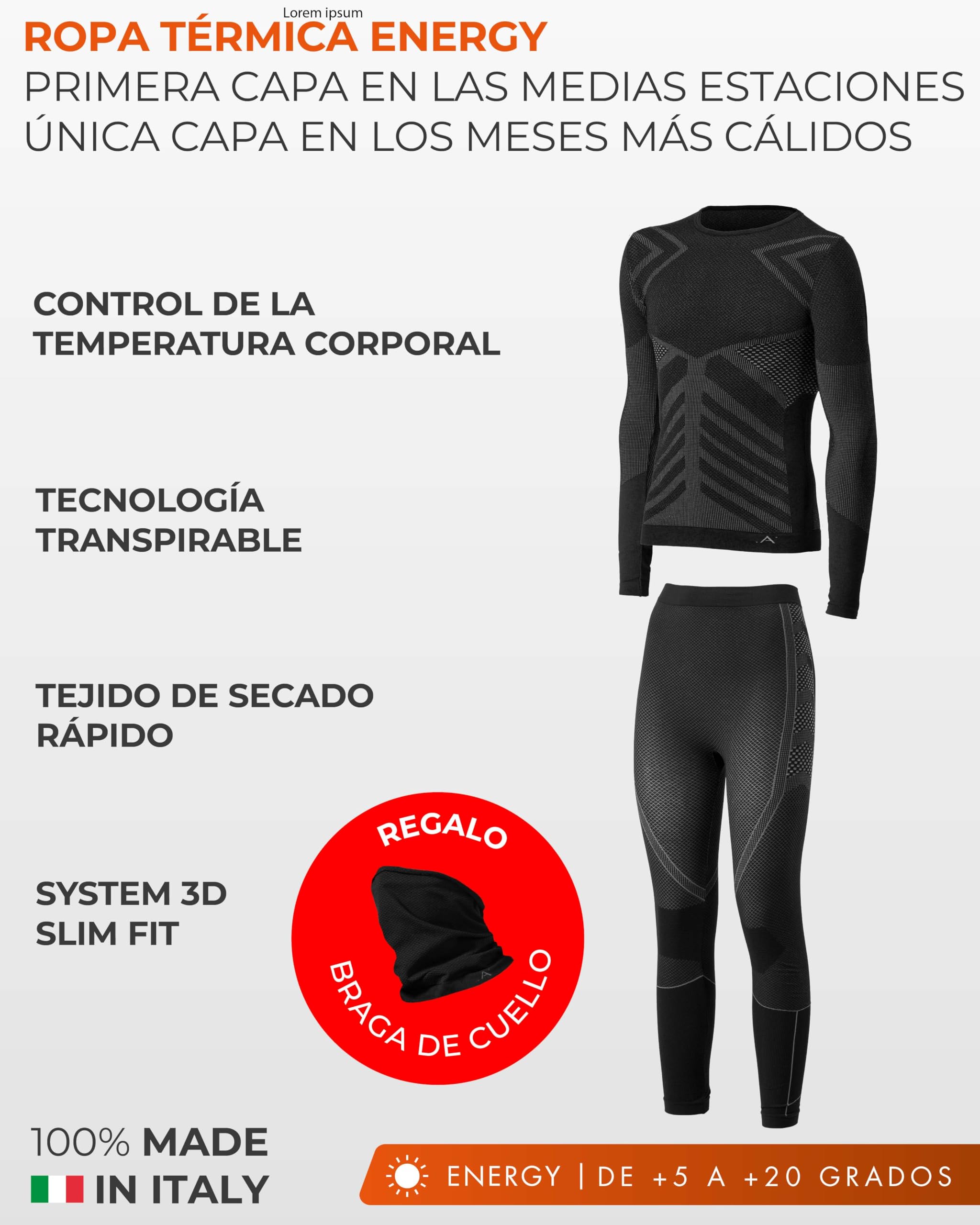 Risalti Ropa Termica Hombre Frio Set Energy – Camiseta Termica Hombre Manga Larga y Mallas, Ropa Interior Invierno Transpirable y Termorreguladora, Seamless – Made in Italy