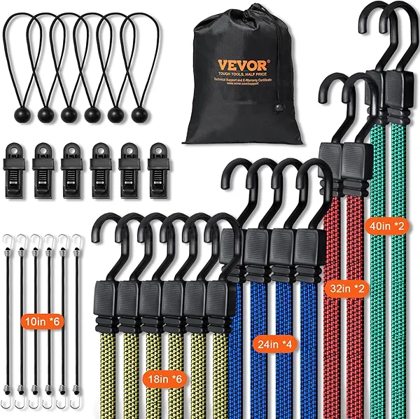 VEVOR 32Pcs Flat Outdoor Bungee Cord Assortment, 17 mm Heavy Duty Bungee Straps with Hooks, Includes 10", 18", 24", 32", 40", Elastic Straps with Portable Storage Bag, 6 Tarp Clips & Ball Bungy Cords