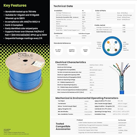 Cable TRUE CABLE Cat6A Blindado Riser 1000ft Azul 23AWG Cobre Sólido 750MHz miniatura 6