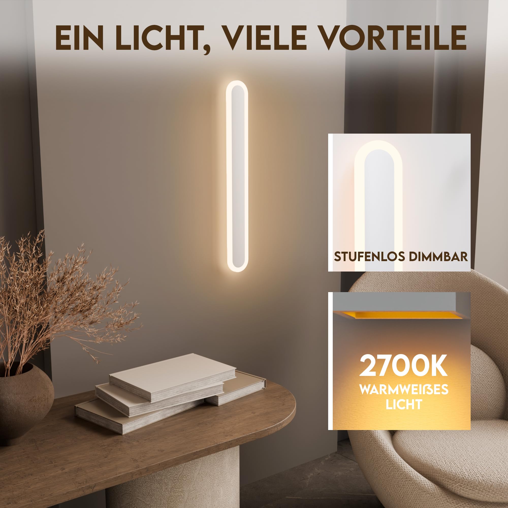 Aplique de pared LED para interiores - Pipe Light 60 cm, blanco, lámpara de pared delgada, lámpara de espejo para baño, iluminación de pared universal para baño, dormitorio, salón …
